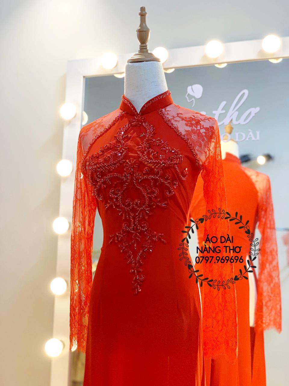 Áo dài cưới cô dâu ren đỏ