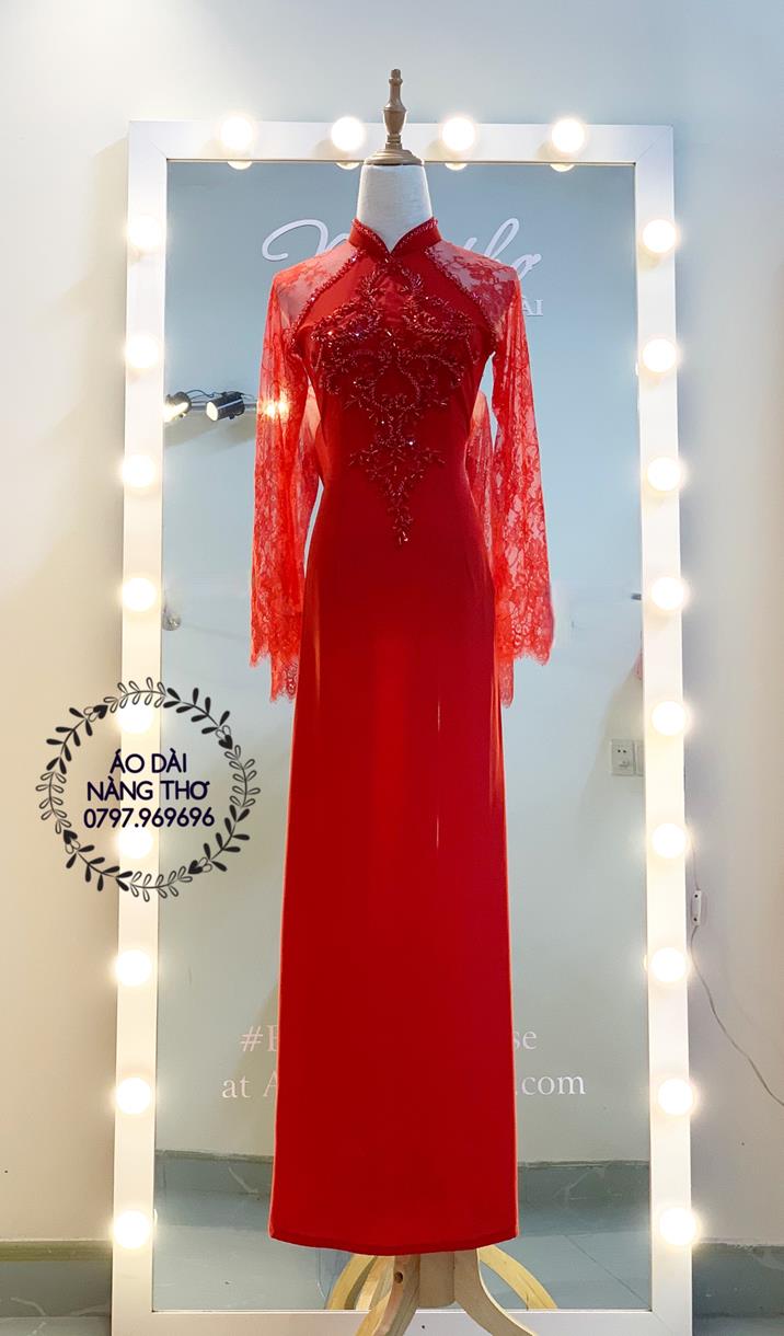 Áo dài cưới cô dâu ren đỏ