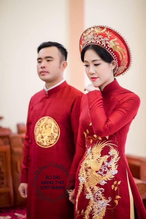 Áo Dài Cưới Cặp Gấm Kim Cương Màu Đỏ Kết Chim Rồng Phượng