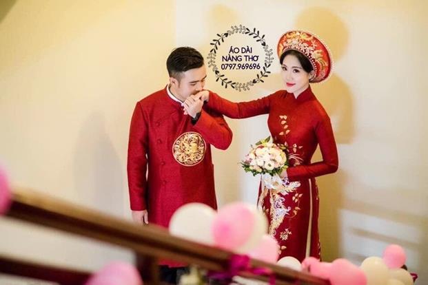 Áo Dài Cưới Cặp Gấm Kim Cương Màu Đỏ Kết Chim Rồng Phượng