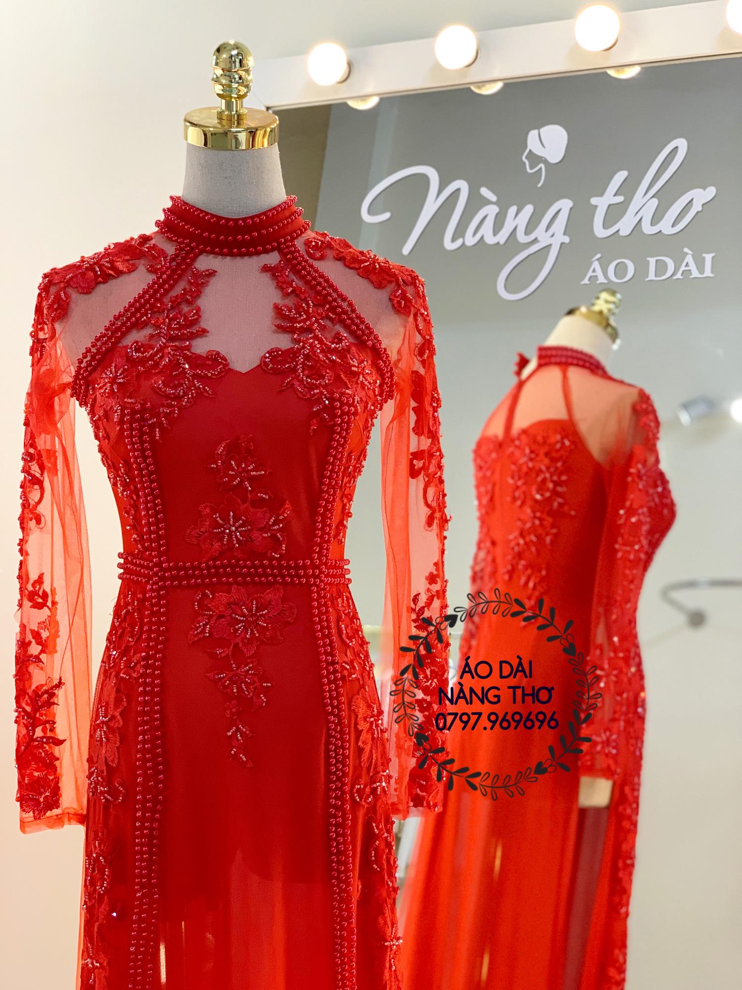 Áo dài cưới cô dâu ren đỏ