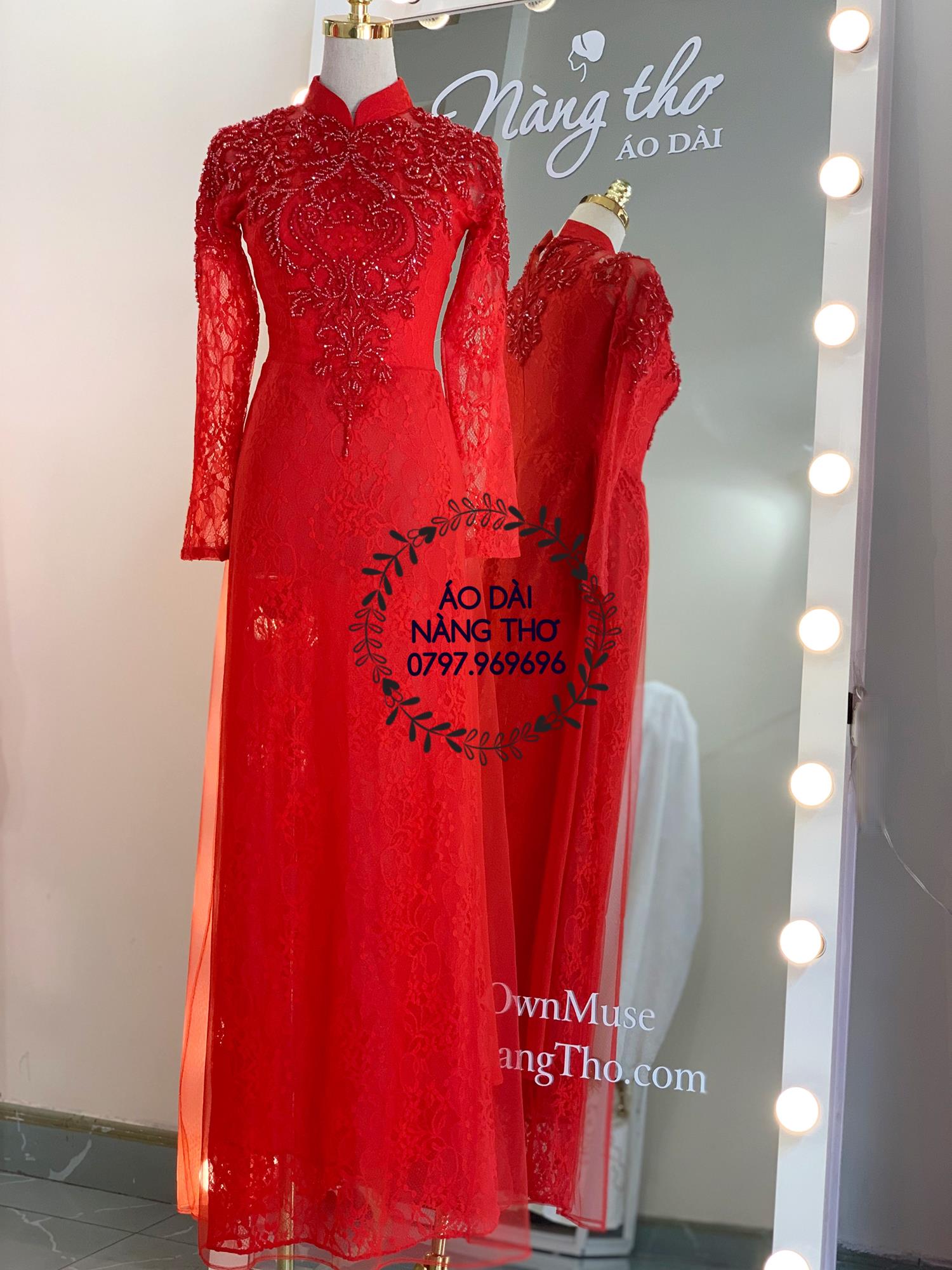 Áo dài cưới cô dâu ren đỏ