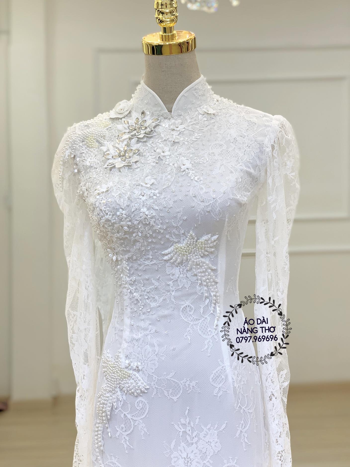 Áo dài cưới cô dâu ren trắng đính hạt cao cấp Áo Dài Cưới Cô Dâu Ren Trắng Đính Hạt Cao Cấp
