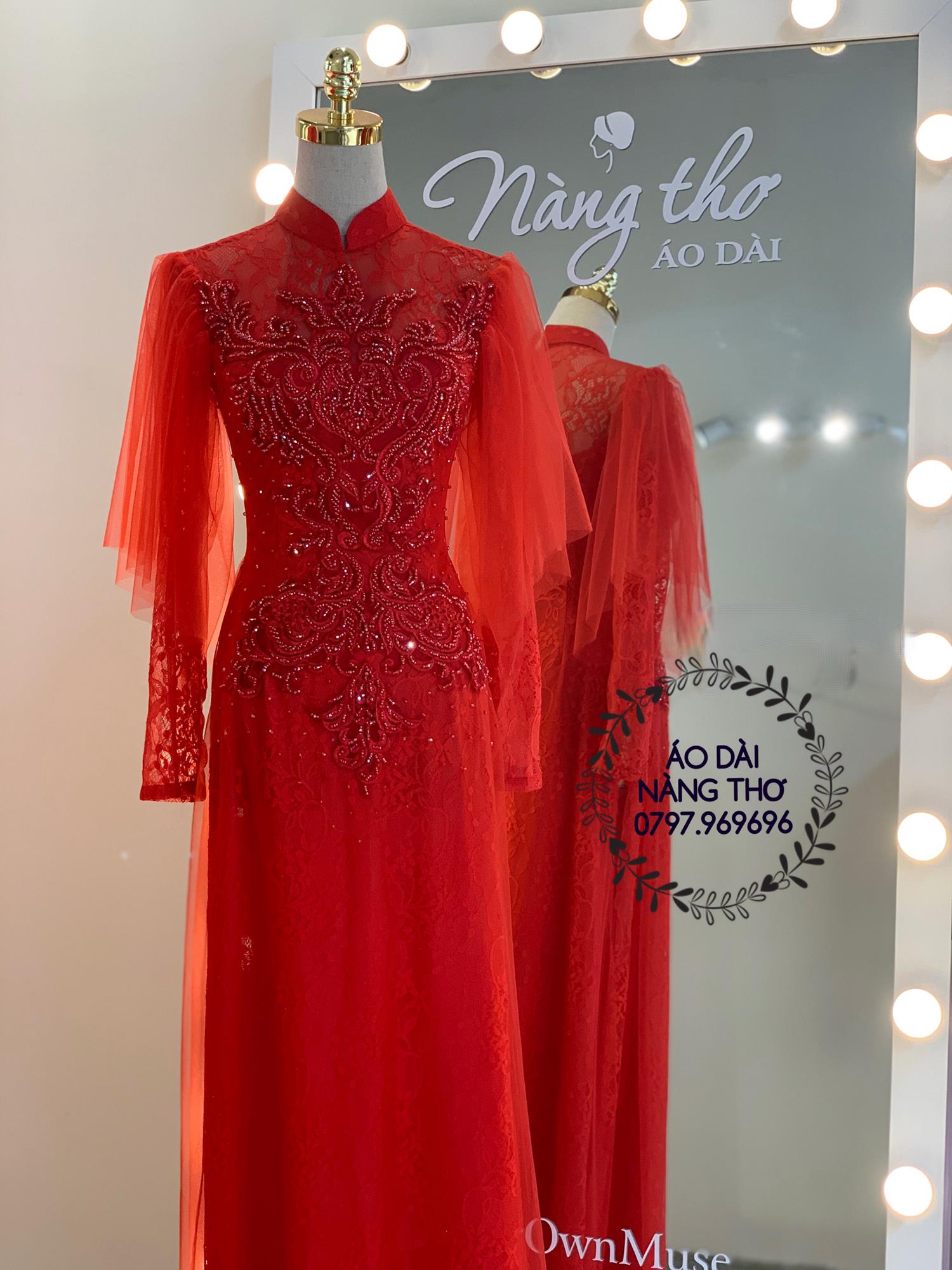 Áo dài cưới cô dâu ren đỏ