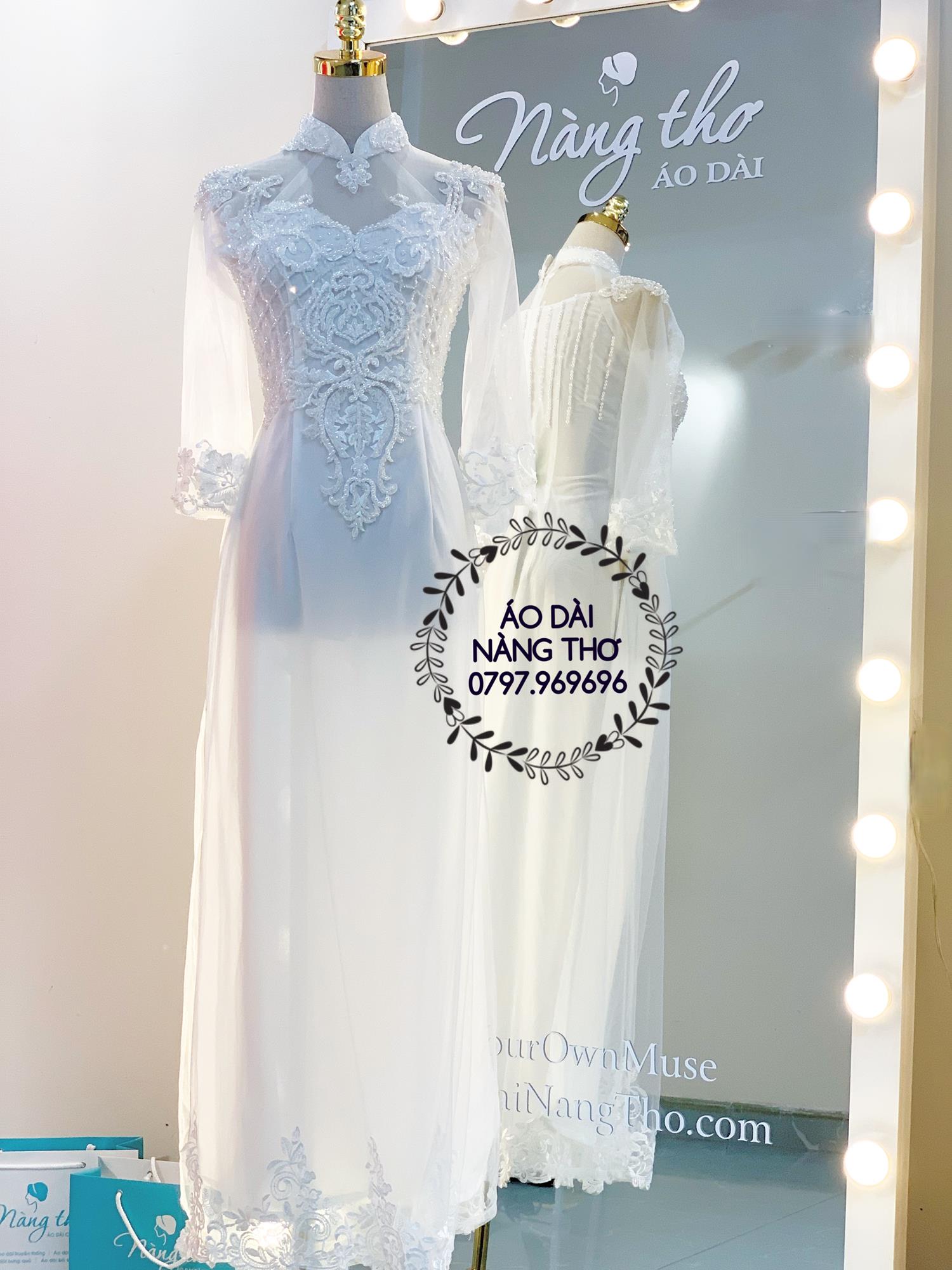 Áo dài cưới cô dâu ren trắng đính hạt