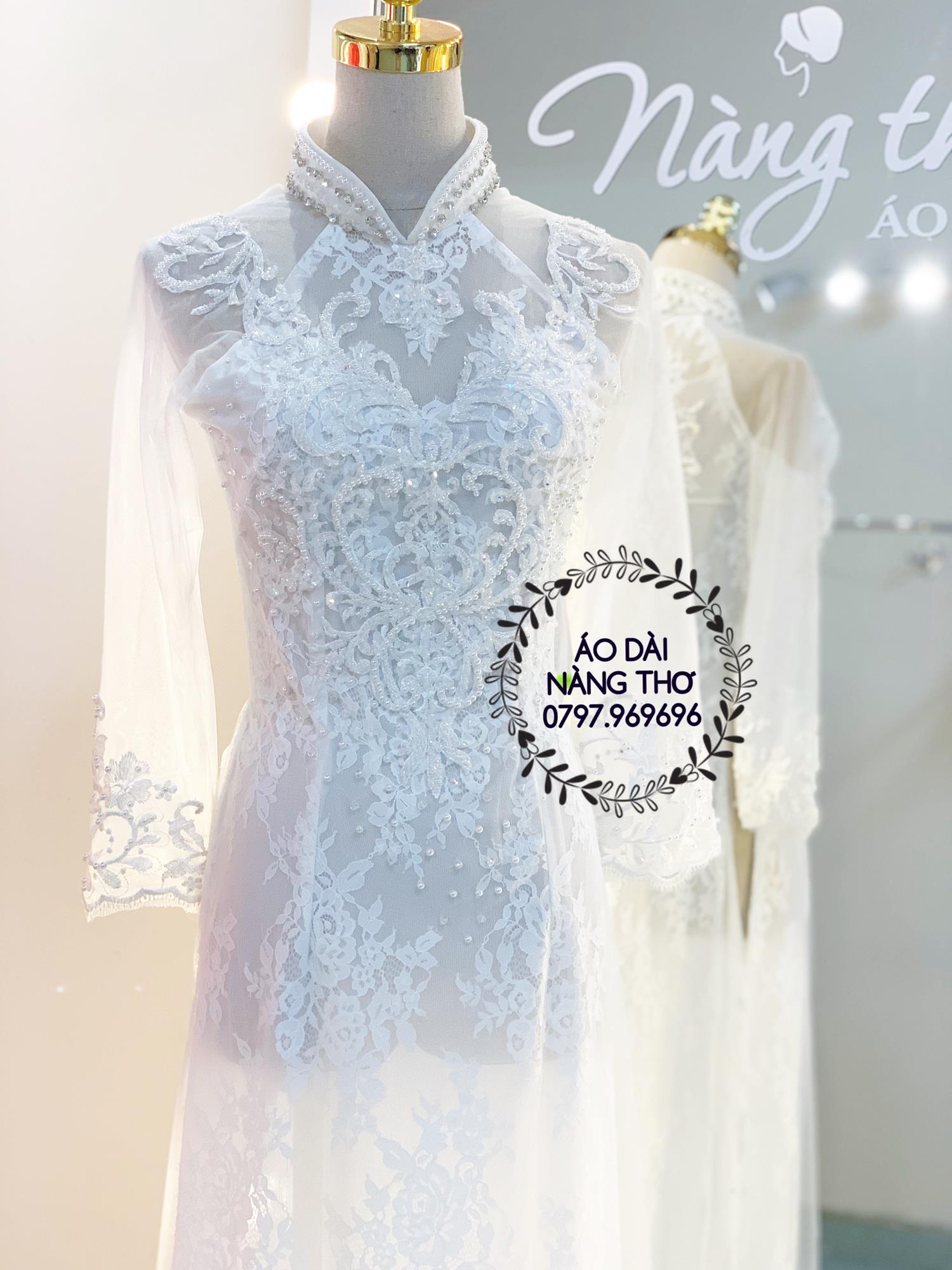 Áo dài cưới cô dâu ren trắng
