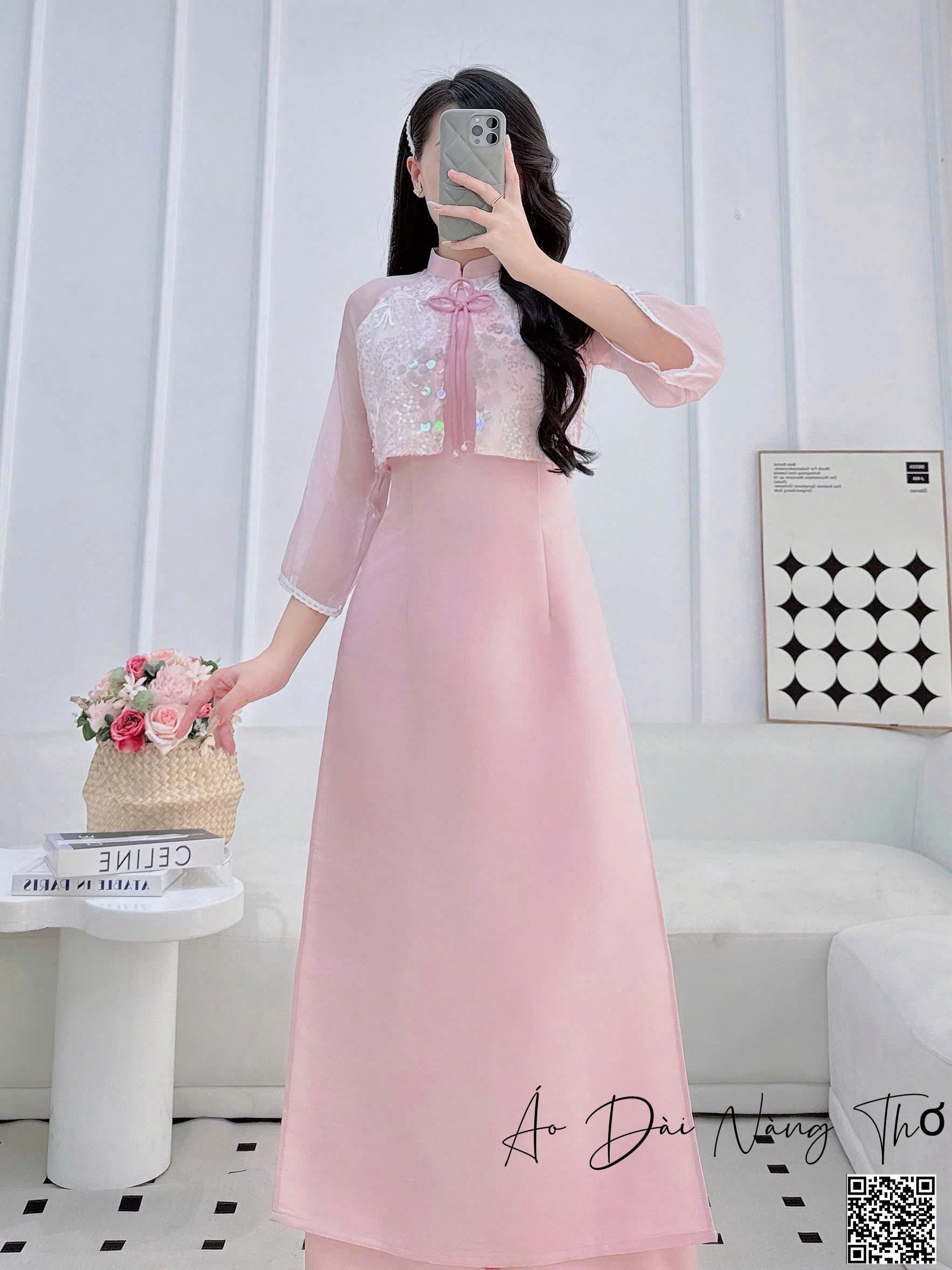 Áo Dài Cách Tân Vải Voan Khoác Giả Đính Nơ Hồng
