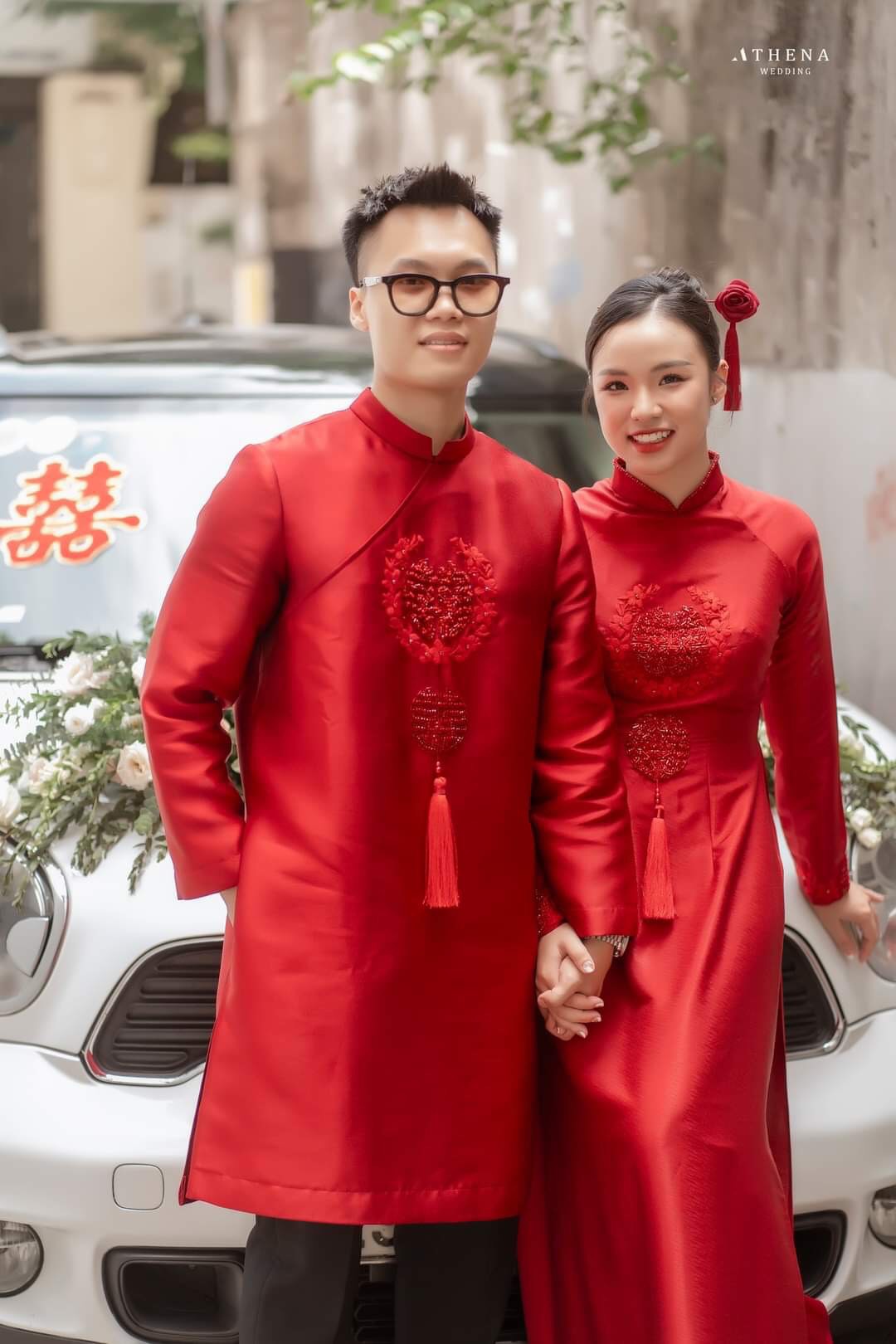 Áo Dài Cưới Cặp Đôi Tafta Đỏ Kết Song Hỷ