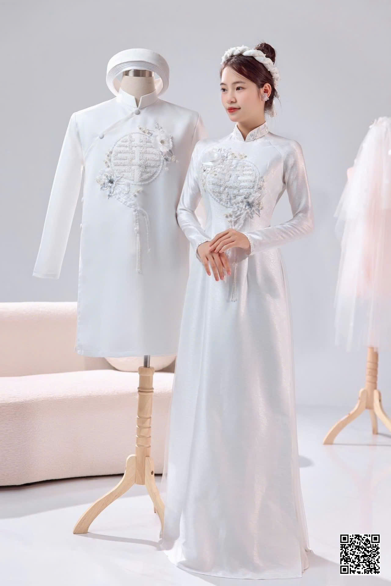 Áo Dài Cưới Họa Tiết Song Hỷ Cách Điệu