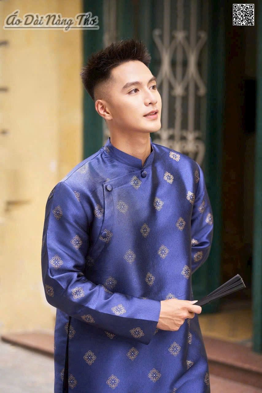 Áo Dài Nam Gấm Xanh Đen Họa Tiết Nhí Thanh Lịch