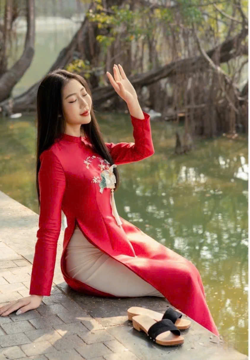 Áo Dài Cách Tân Tafta Đính Hoa Xinh Xắn