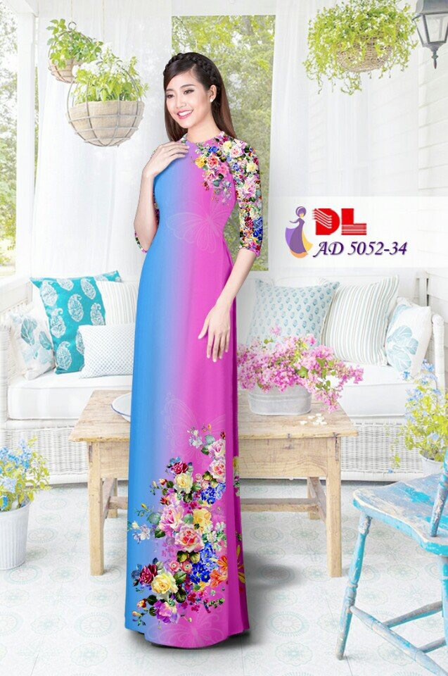 Áo Dài Lụa in hình hoa màu xanh