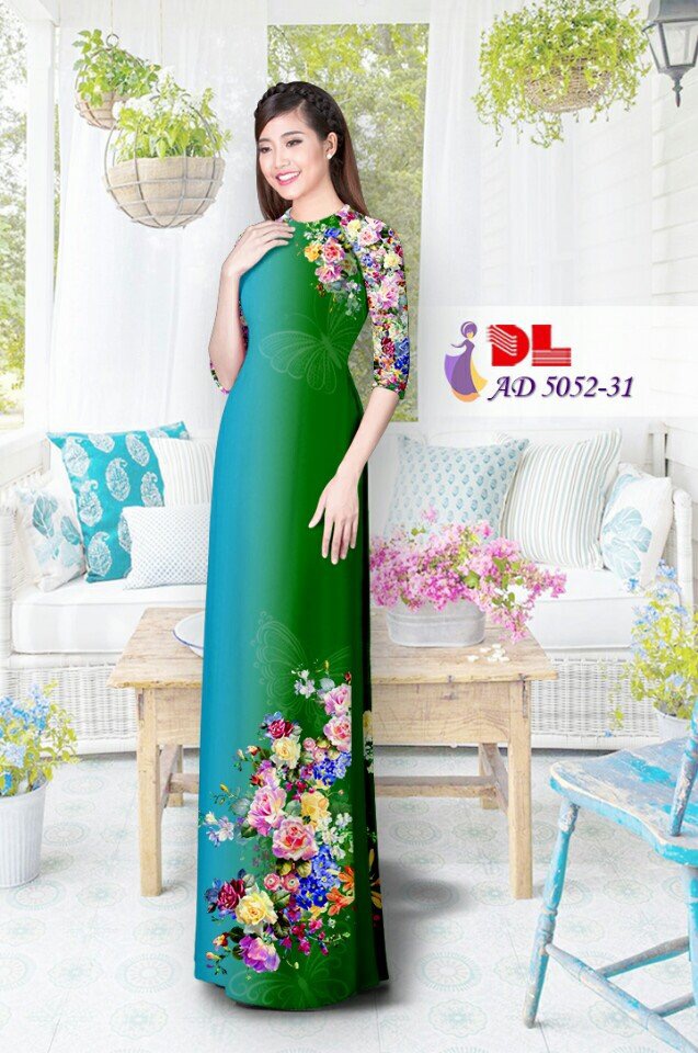 Áo Dài Lụa in hình hoa màu xanh