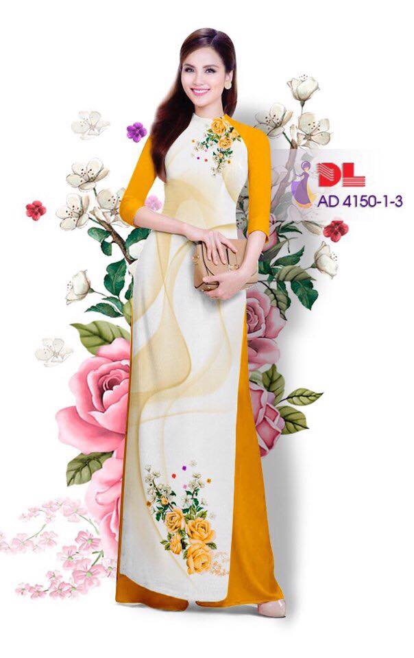 Áo Dài Lụa In Hình Hoa Màu Cam