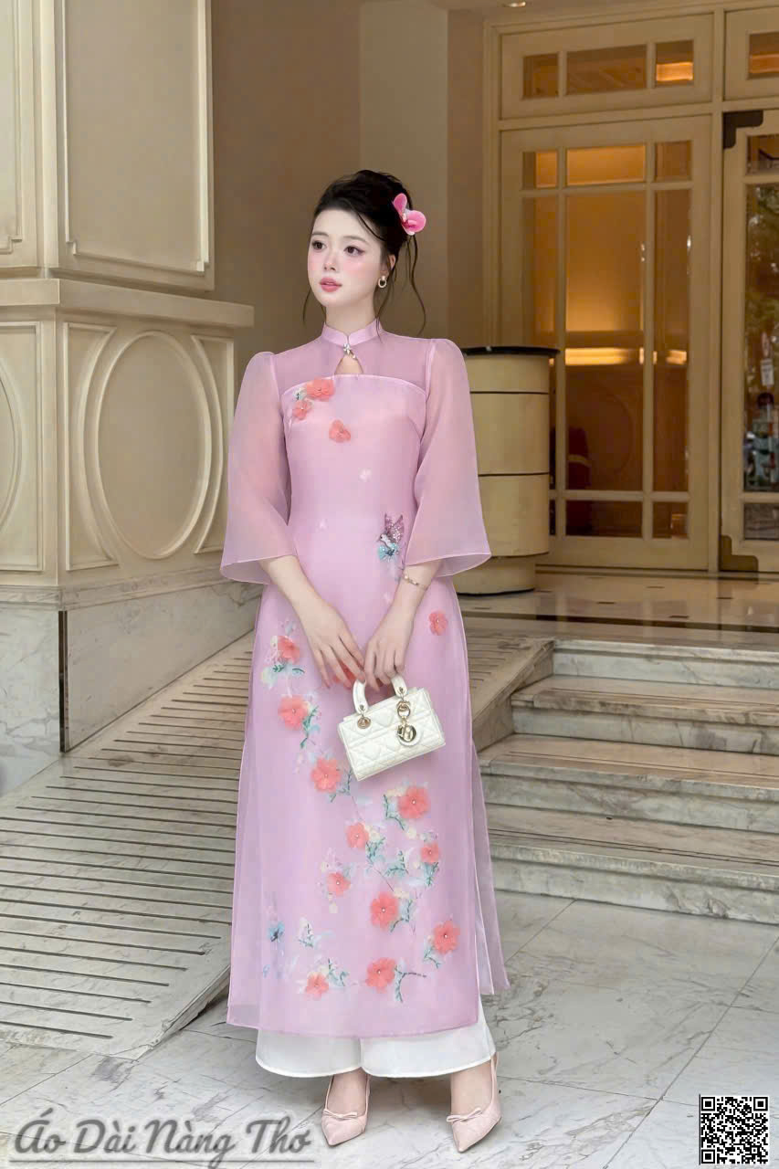 Áo Dài Cách Tân Voan Hồng Tím Tay Lỡ Xinh Xắn