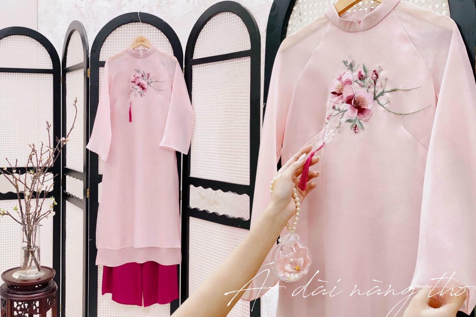 Áo Dài Cách Tân Thêu Họa Tiết Hoa Xinh Xắn