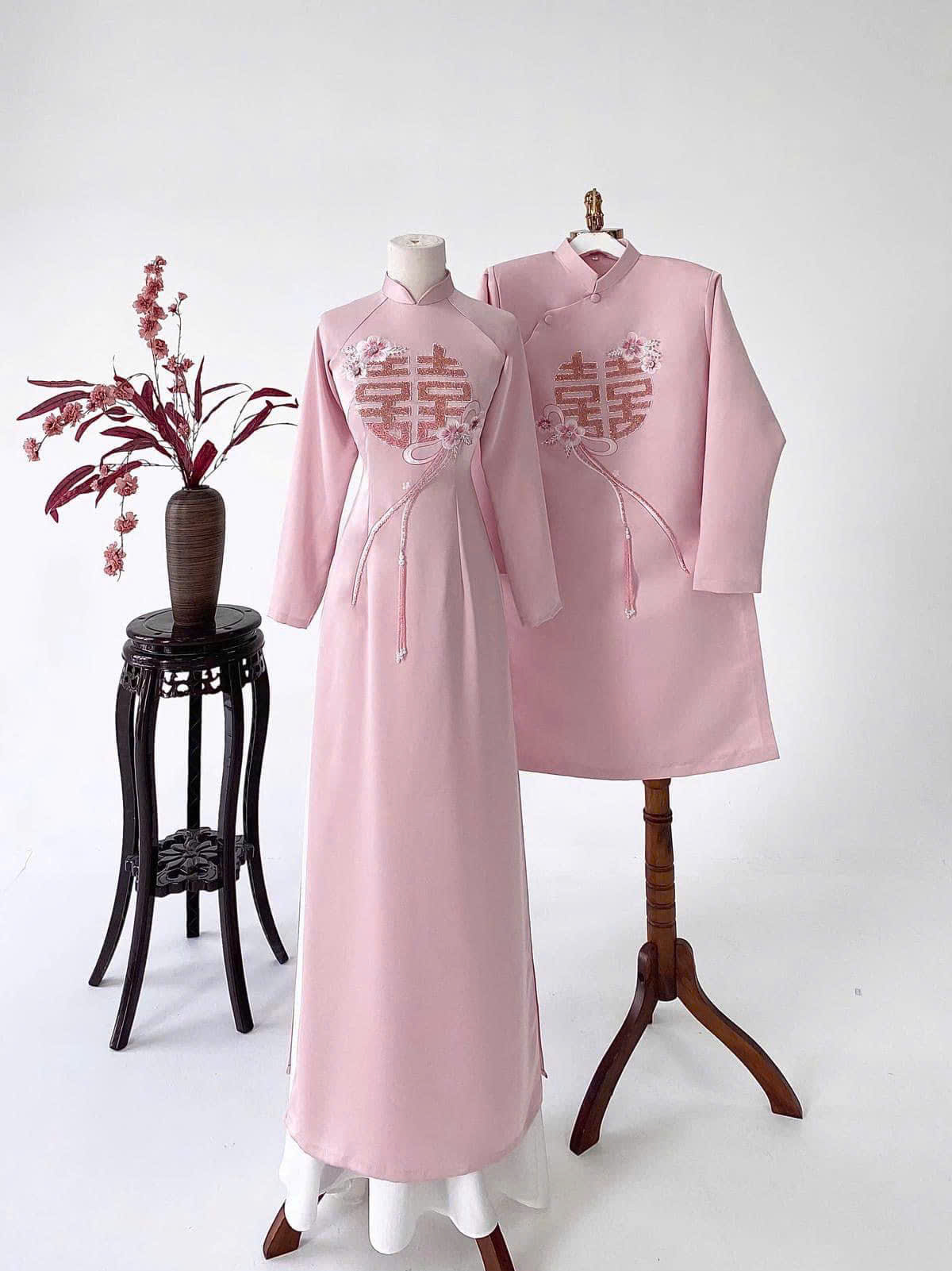 Áo Dài Cưới Họa Tiết Song Hỷ Cách Điệu