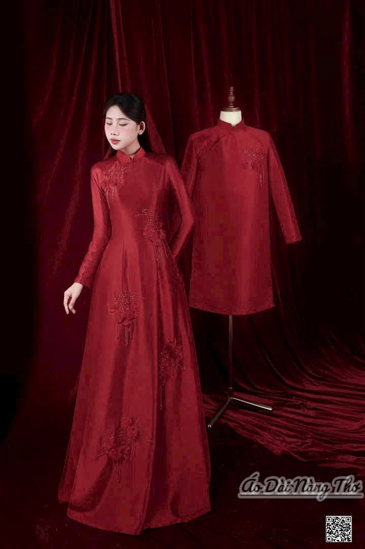 Áo Dài Cưới Đỏ Họa Tiết Hoa Nổi