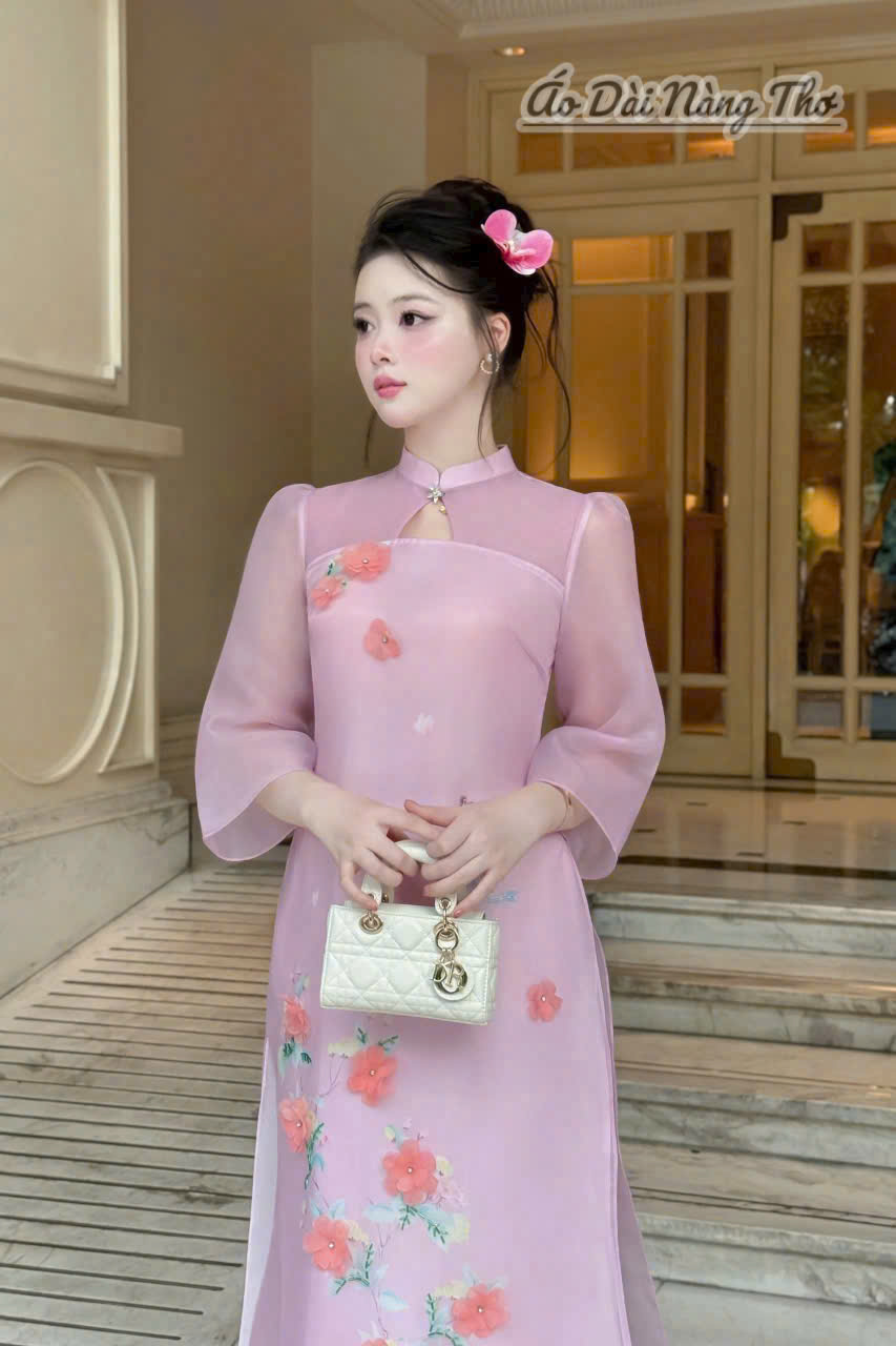 Áo Dài Cách Tân Voan Hồng Tím Tay Lỡ Xinh Xắn