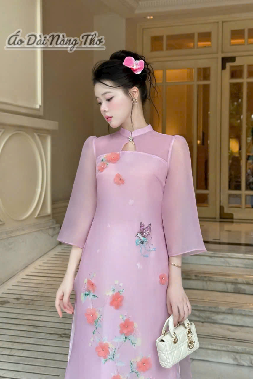Áo Dài Cách Tân Voan Hồng Tím Tay Lỡ Xinh Xắn