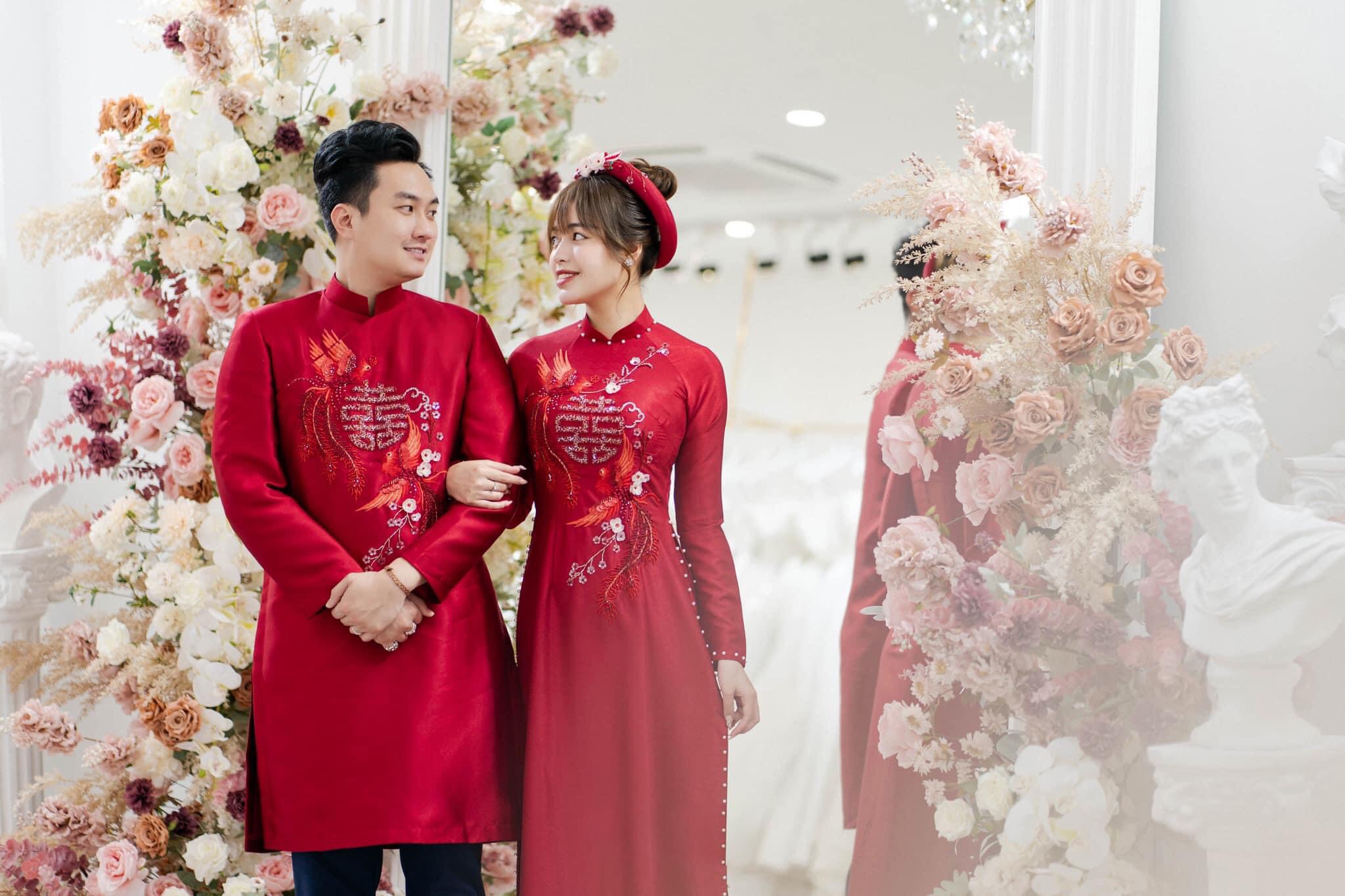 Áo Dài Cưới Cặp Đôi Màu Đỏ Họa Tiết Song Hỷ Cách Điệu