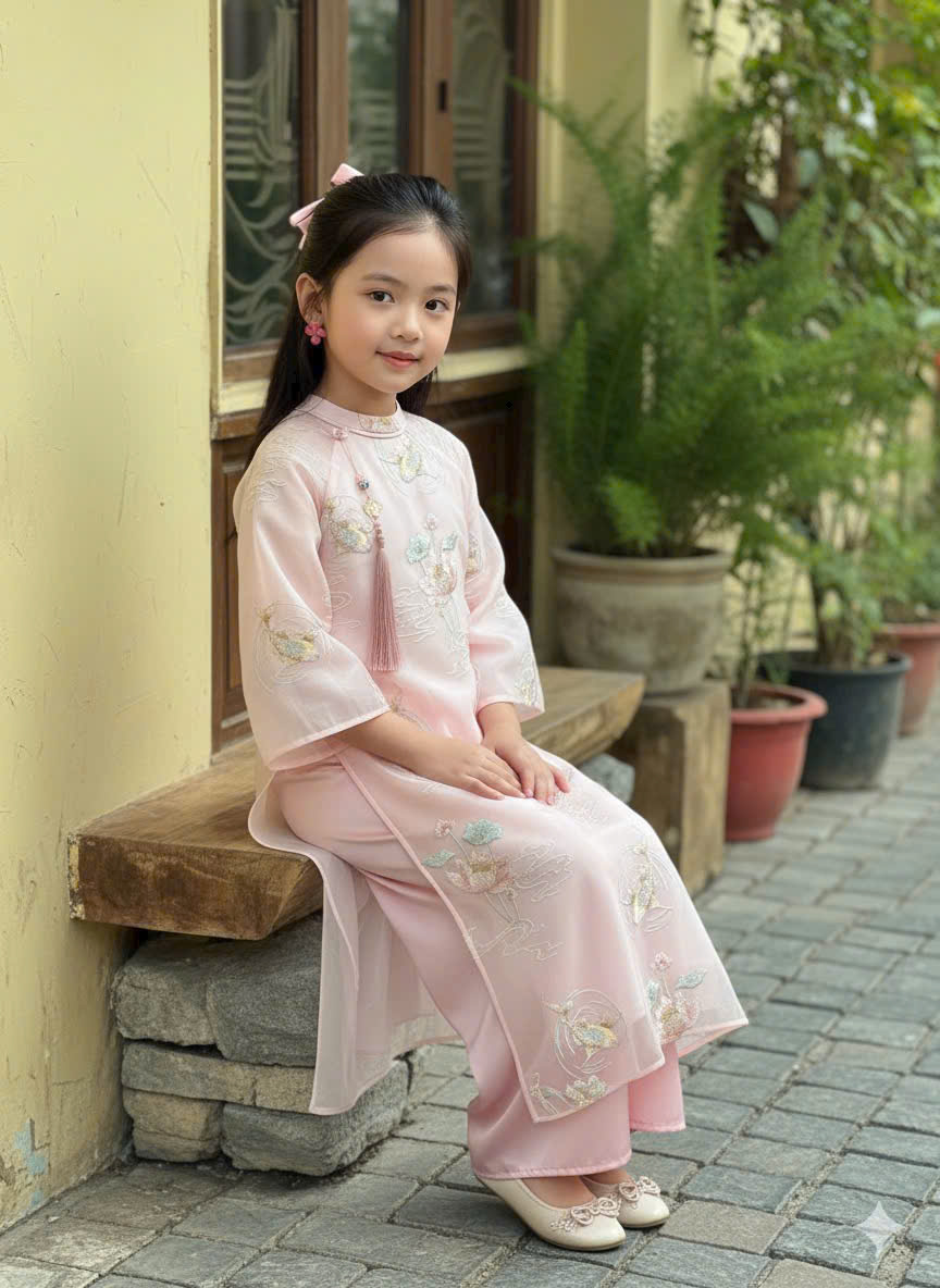 Áo Dài Mẹ Và Bé Voan Hồng Họa Tiết Thêu Nổi Tay Lỡ Loe