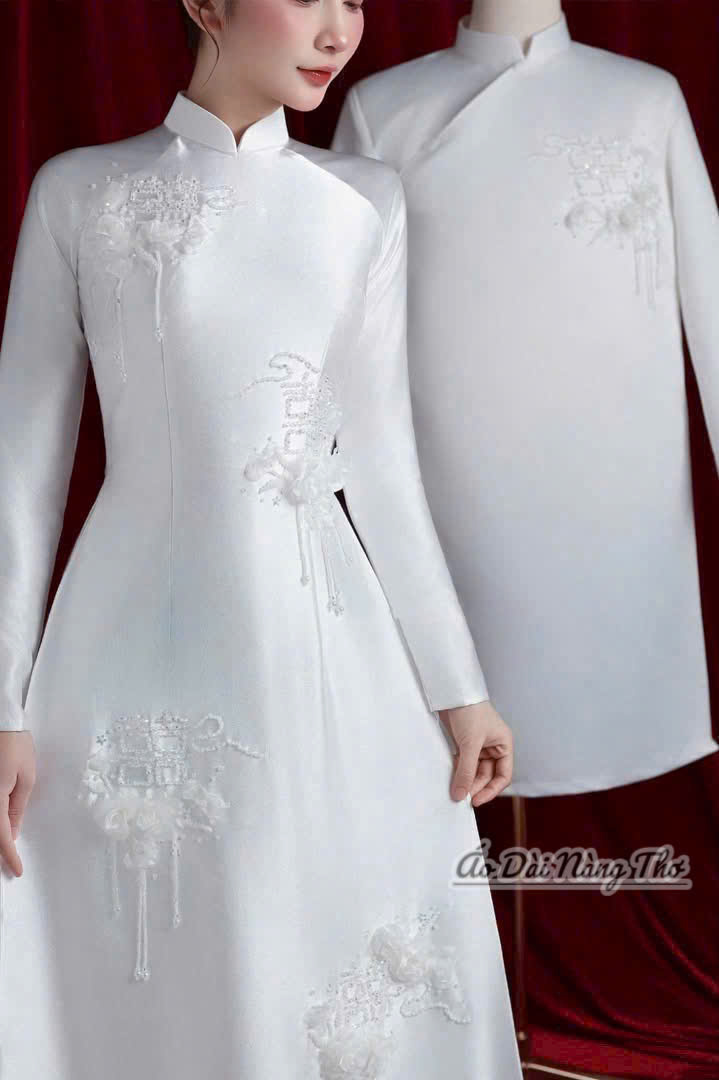 Áo Dài Cưới Trắng Lụa Chữ Hỷ Sang Trọng