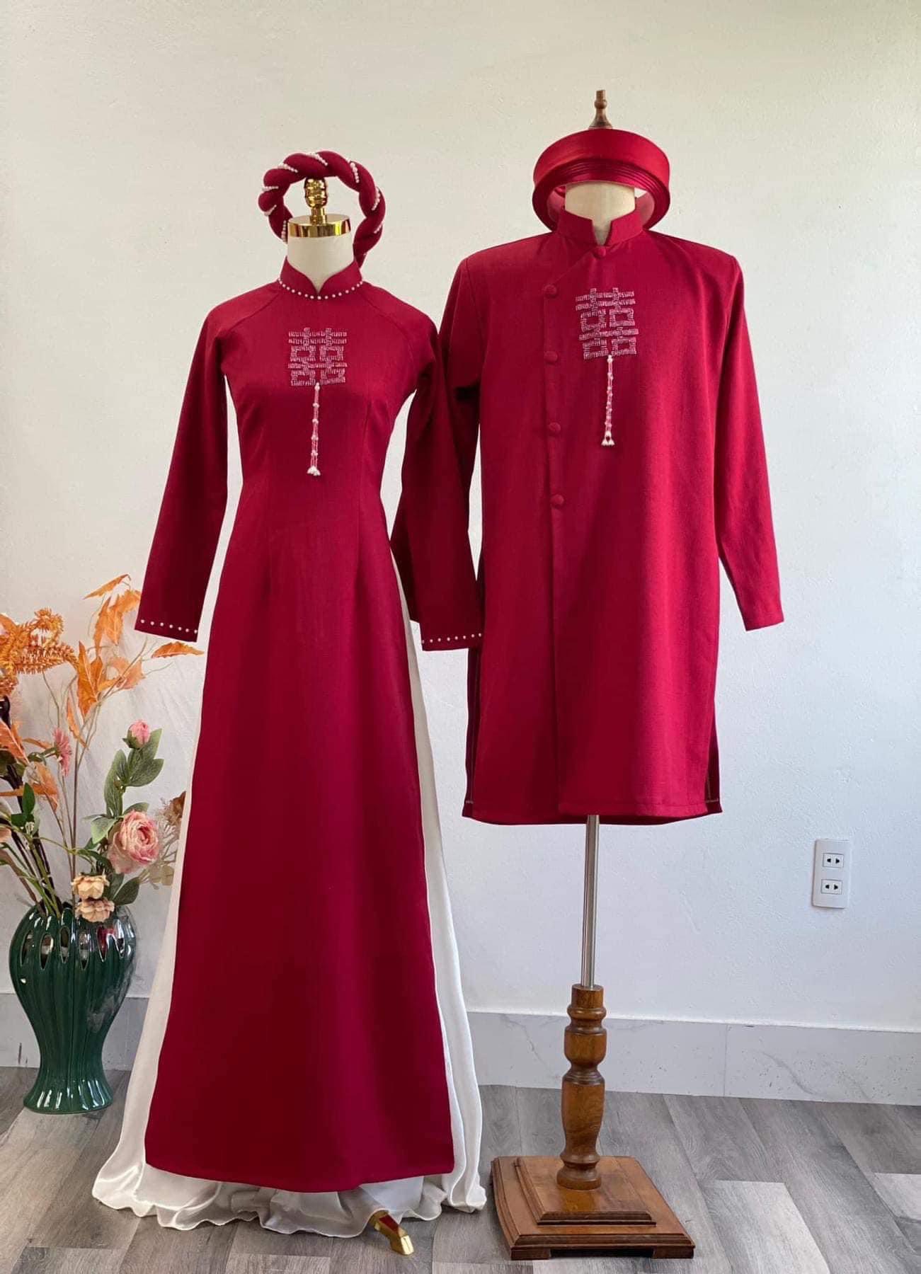 Áo Dài Cưới Cặp Đôi Gấm Đỏ Kết Song Hỷ