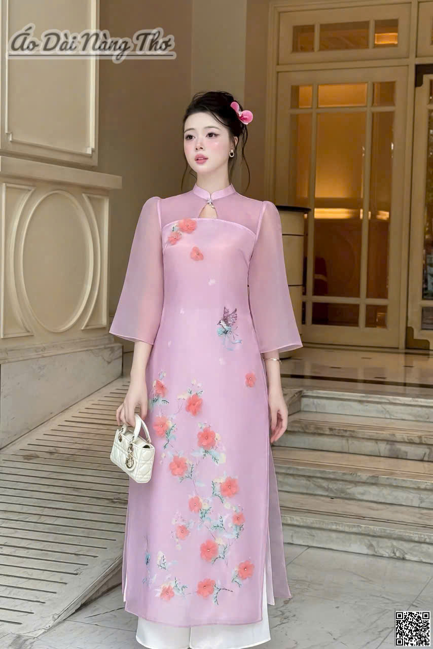 Áo Dài Cách Tân Voan Hồng Tím Tay Lỡ Xinh Xắn