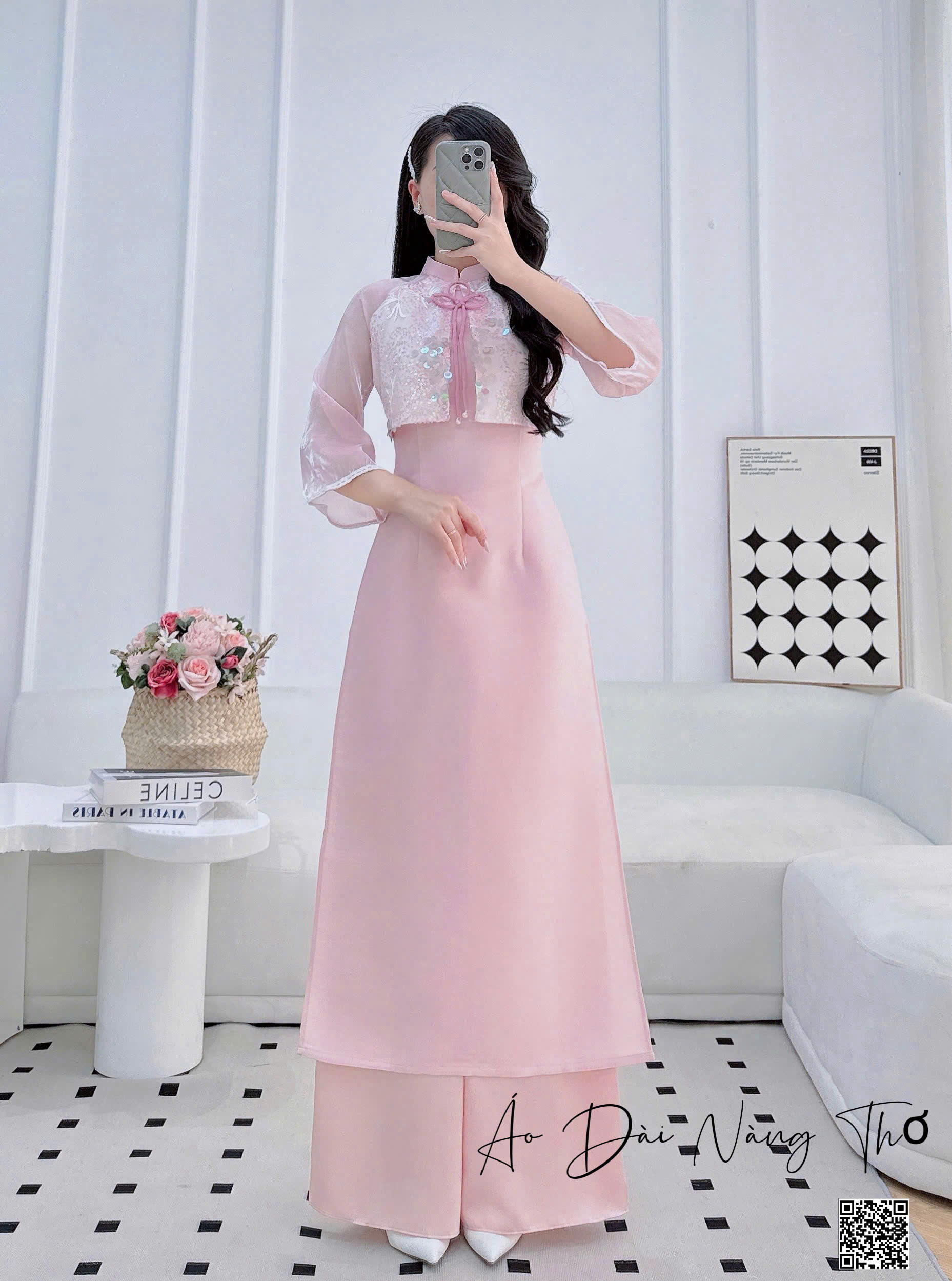 Áo Dài Cách Tân Vải Voan Khoác Giả Đính Nơ Hồng