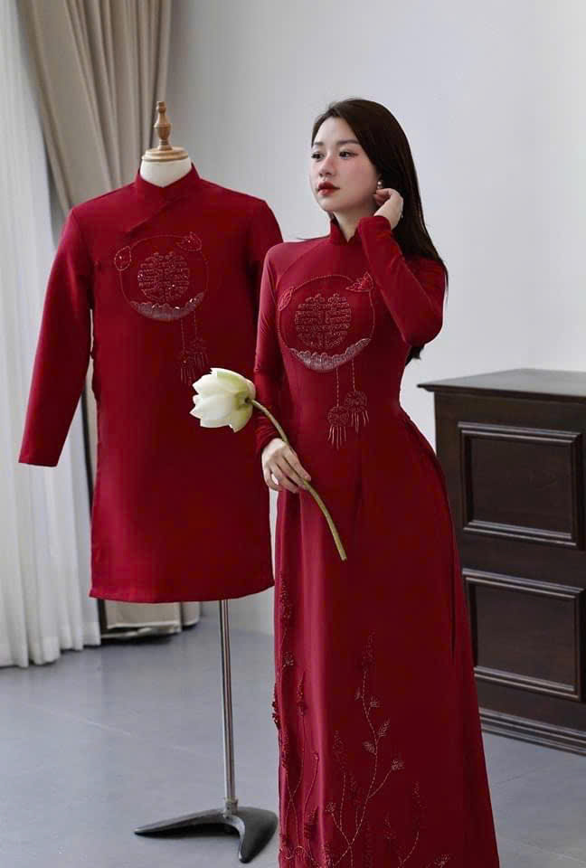 Áo Dài Cưới Họa Tiết Song Hỷ Cách Điệu