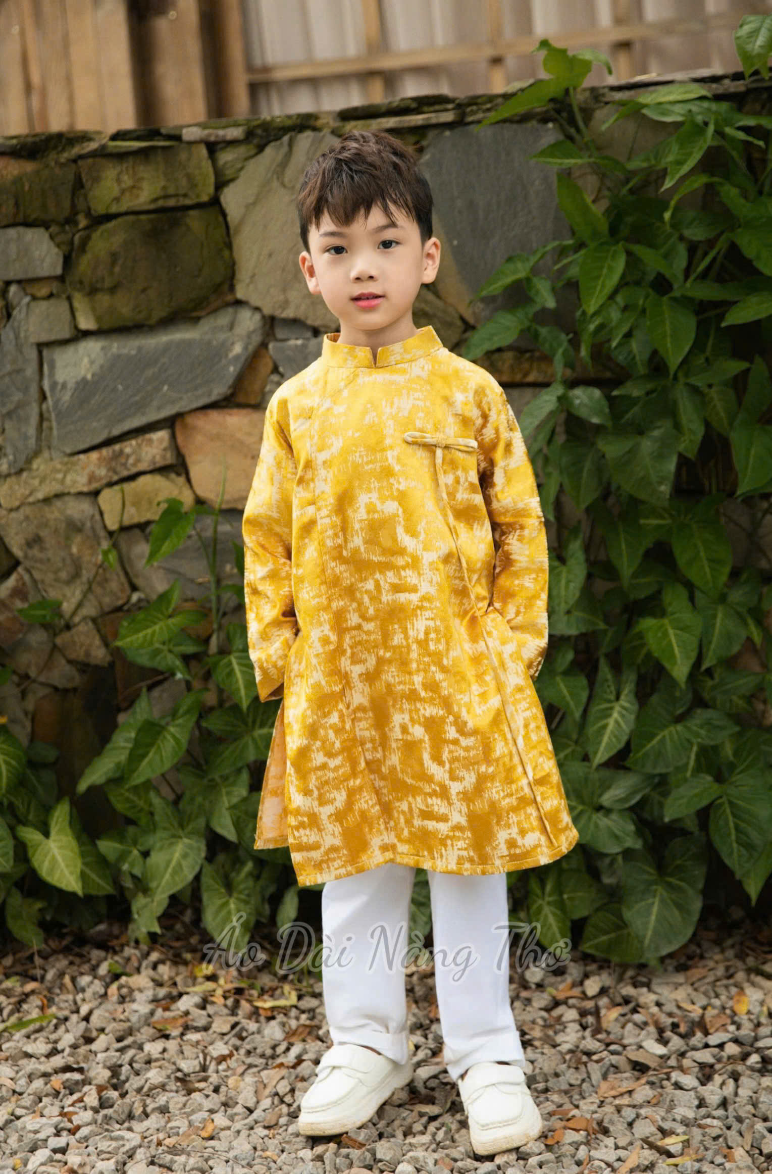 Áo Dài Bé Trai Gấm Vàng Ombre Loang