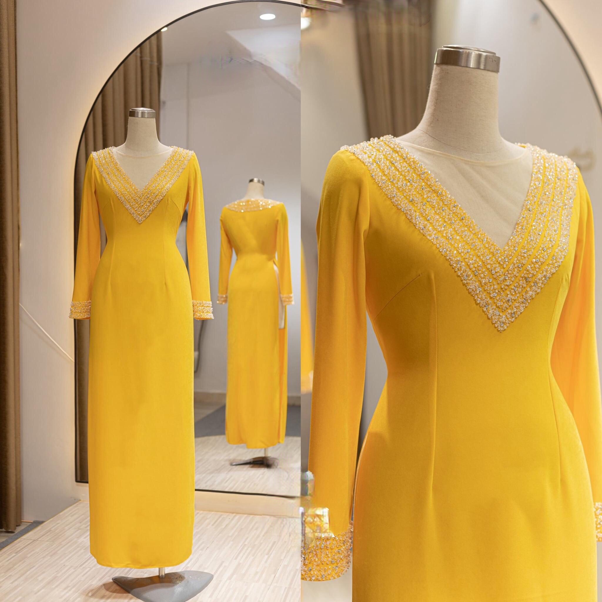 Áo Dài Bà Sui Lụa Cao Cấp Cổ Tim Phối Lưới