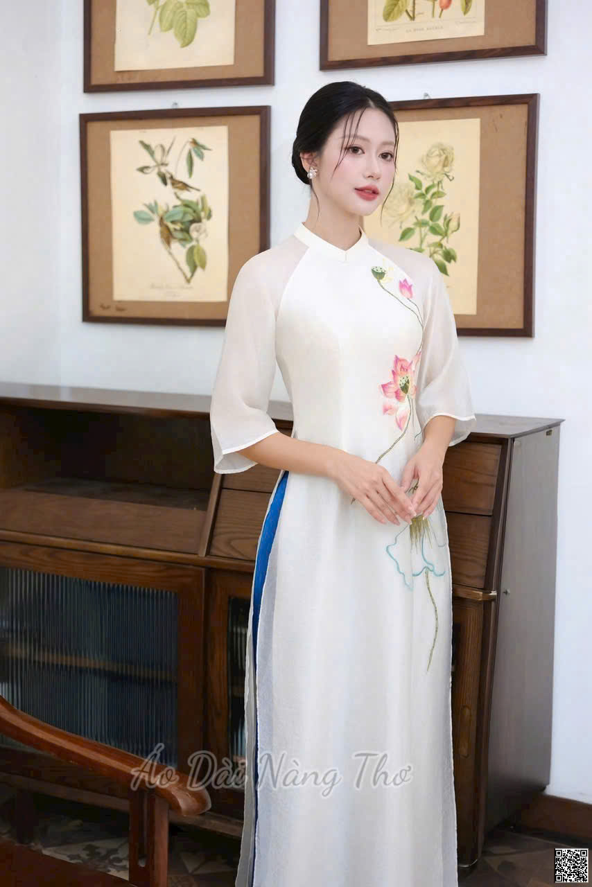 Áo Dài Tay Lỡ Loe Voan Trắng Thêu Họa Tiết Hoa Sen