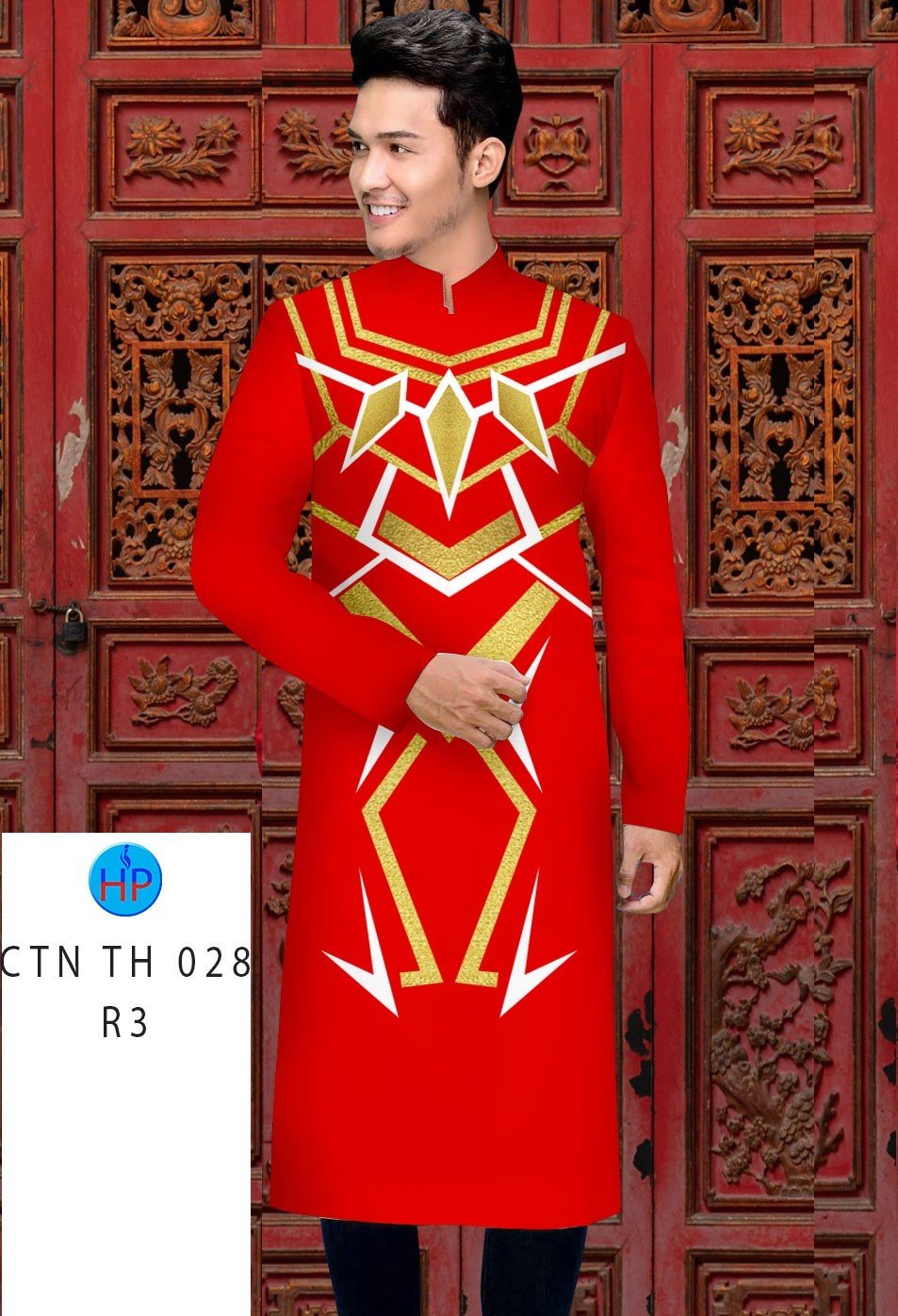 Áo Dài Nam Màu Đỏ In Họa Tiết 3D