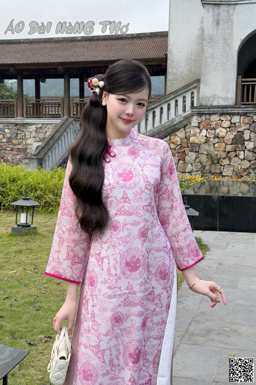 Áo Dài Cách Tân Lụa Hồng Tay Loe Nữ Tính