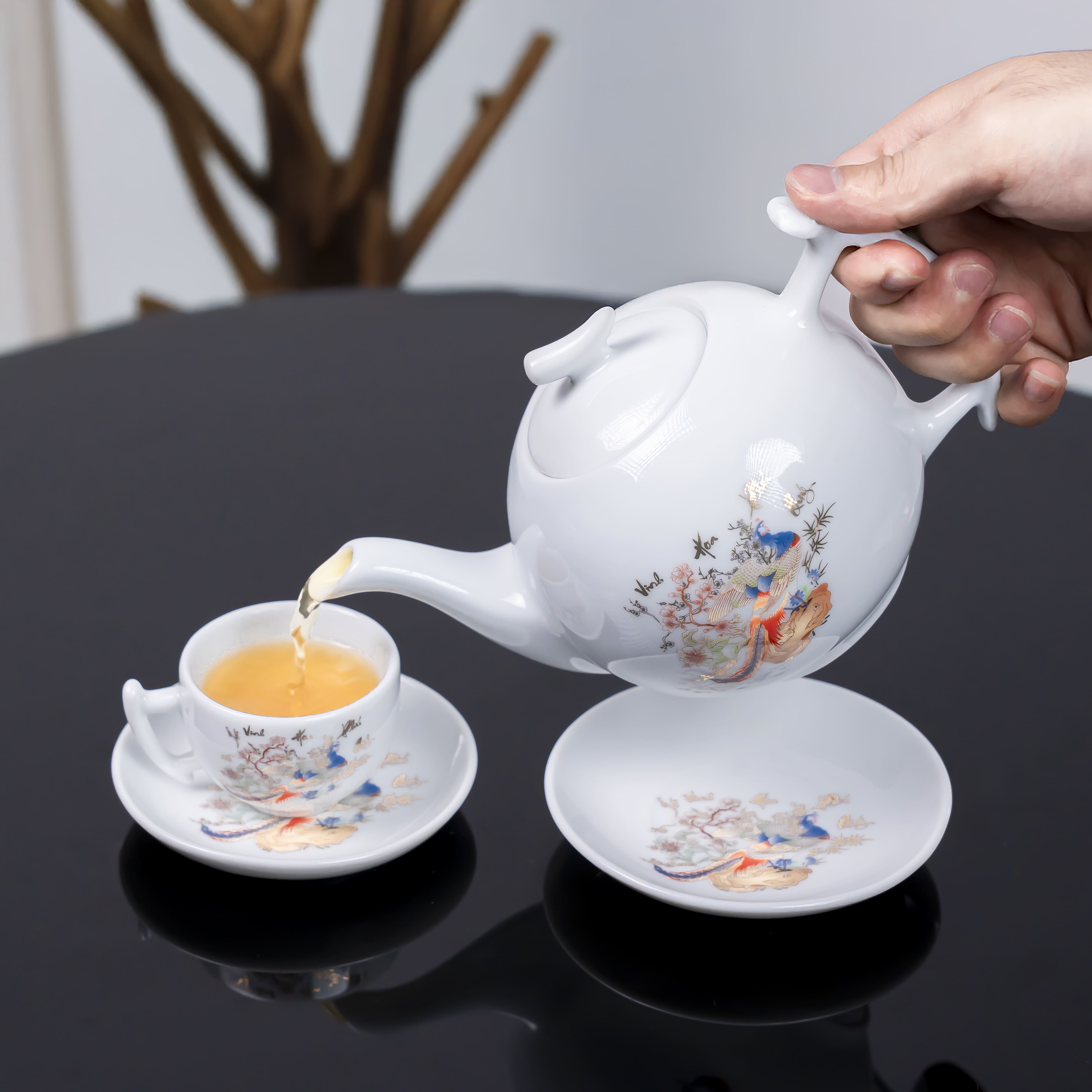 Bộ ấm trà Bát Tràng dáng bưởi cành in họa tiết Vinh Hoa Phú Quý, mã BT - 011, dung tích 600ml - Quà tặng cao cấp cho đối tác, bạn bè