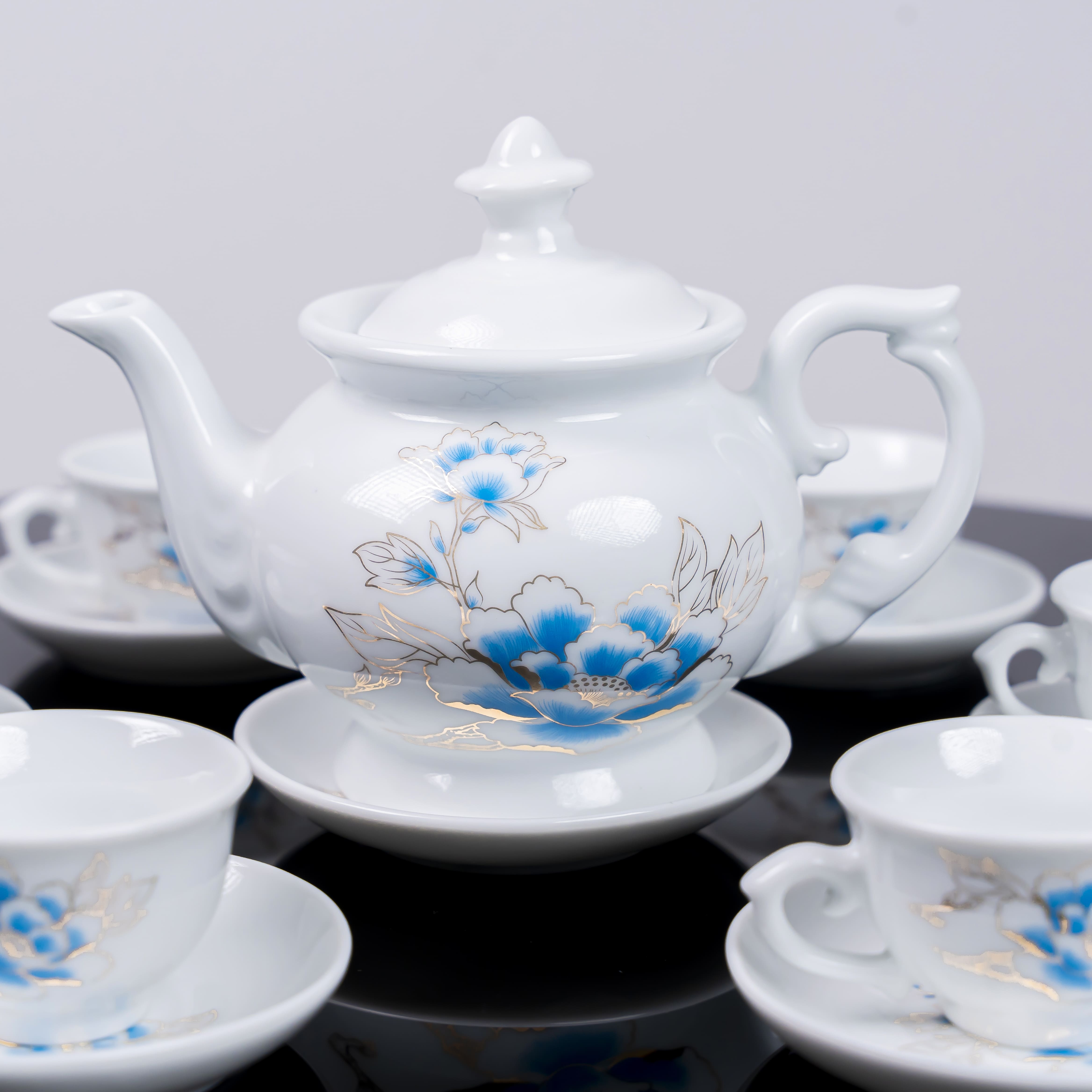 Bộ ấm trà phú quý Bát Tràng cao cấp in họa tiết hoa xanh, mã BT-012, dung tích 500ml - Quà tặng sang trọng thanh lịch