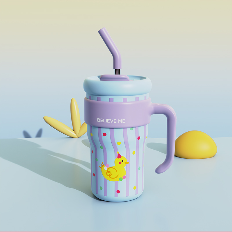 Ly giữ nhiệt cao cấp BELIEVE ME inox 316, dung tích 800ml, họa tiết dễ thương, có tay cầm, có ống hút