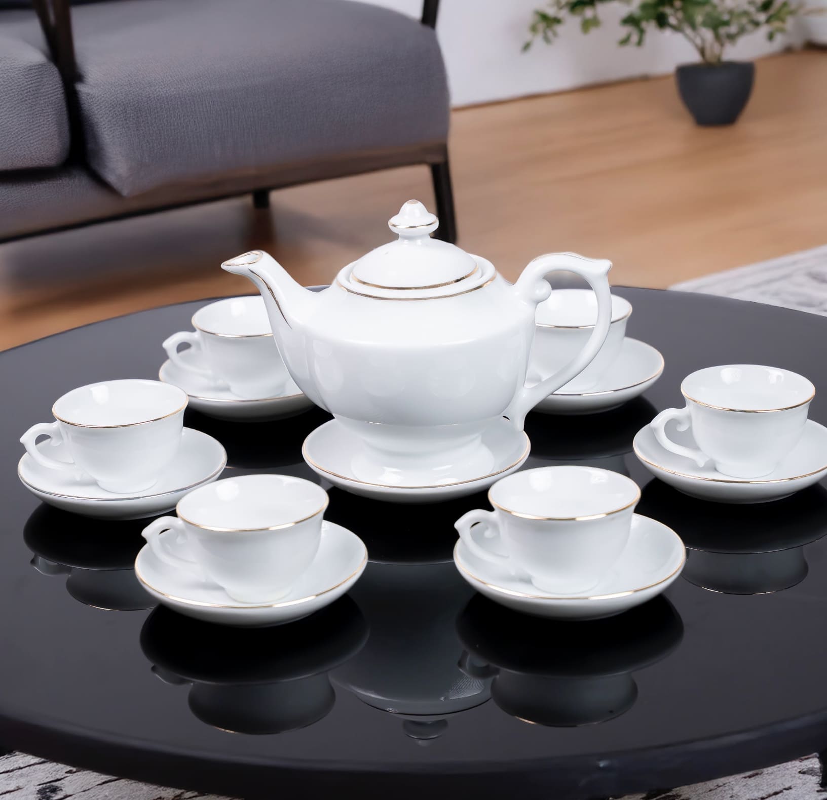 Bộ ấm trà Bát Tràng dáng Quốc Hội viền chỉ vàng sang trọng mã BT-014- Bộ quà tặng cao cấp thanh lịch