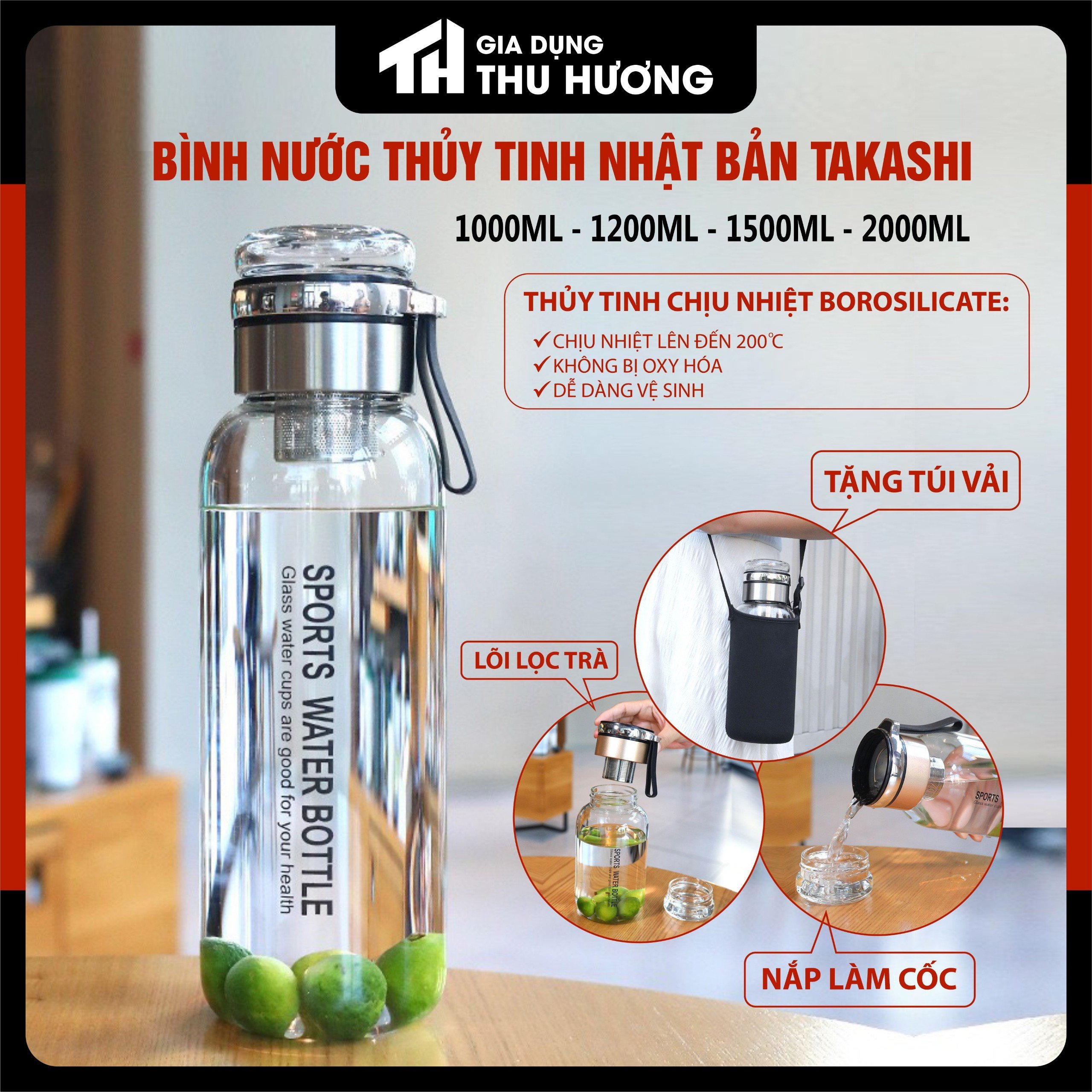 Bình thủy tinh đựng nước Nhật Bản TAKASHI 750, 1000, 1200, 1500, 2000ml tiện dụng, chịu  nhiệt tốt, có lọc chặn bã trà