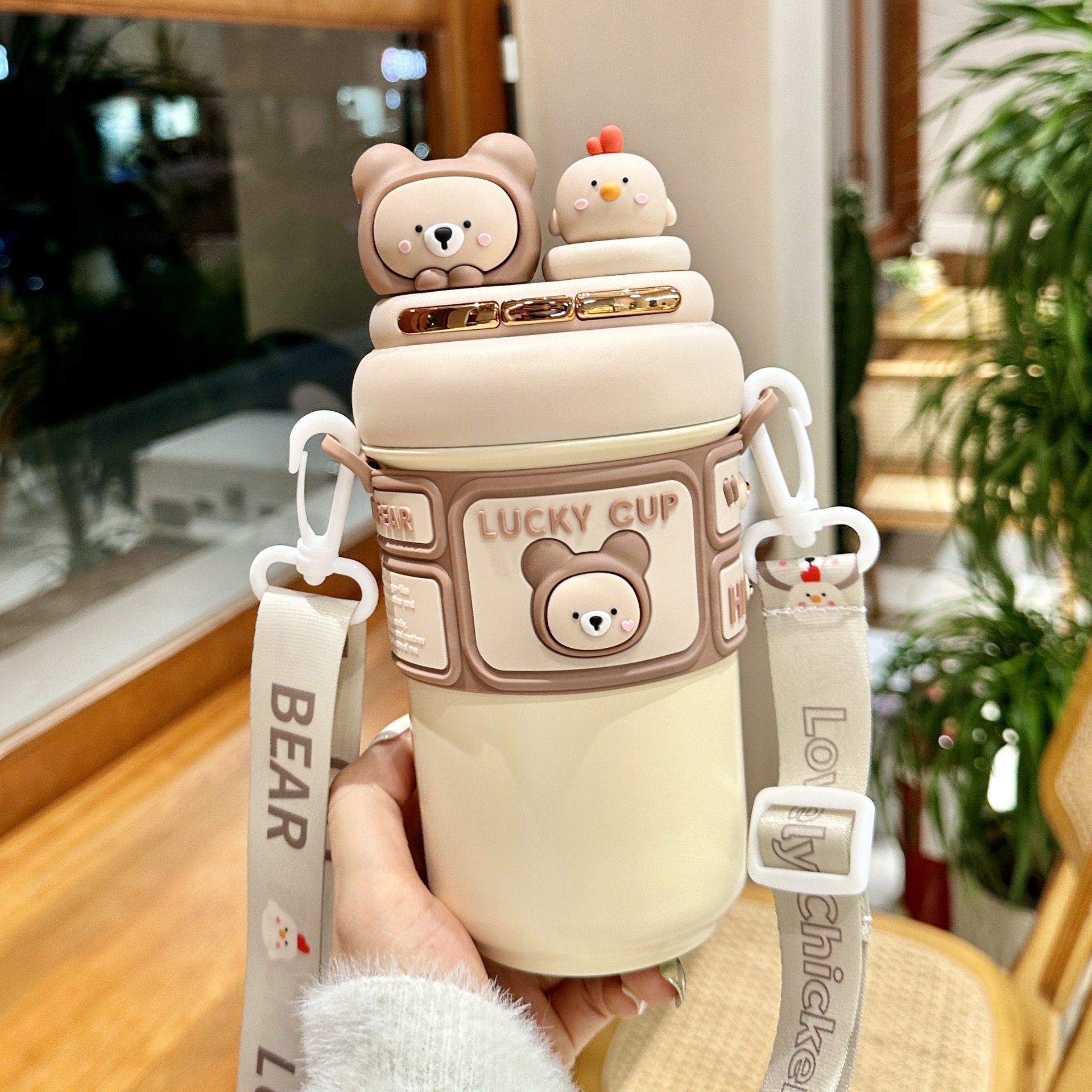 Bình nước giữ nhiệt 550ml inox 316 họa tiết hoạt hình, bình giữ nhiệt ống hút kèm có dây đeo chéo MO-A5