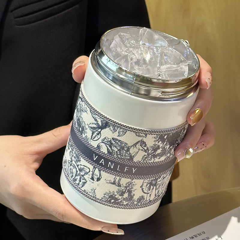 Bình giữ nhiệt, phích giữ nhiệt inox 316 có quai xách hoạ tiết sang chảnh 420ml  mẫu mới 2024 VANLFY-00