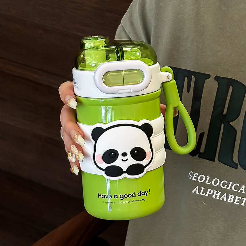 Bình giữ nhiệt đựng nước dung tích 500ml INOX 304 dễ thương có ống hút kèm sticker và dây AMU-432