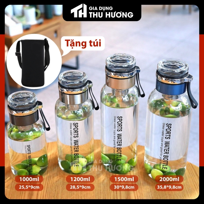 Bình nước thủy tinh 1000ml, 1200ml, 1500ml, 2000ml chịu nhiệt cao cấp có lõi lọc, tặng túi vải