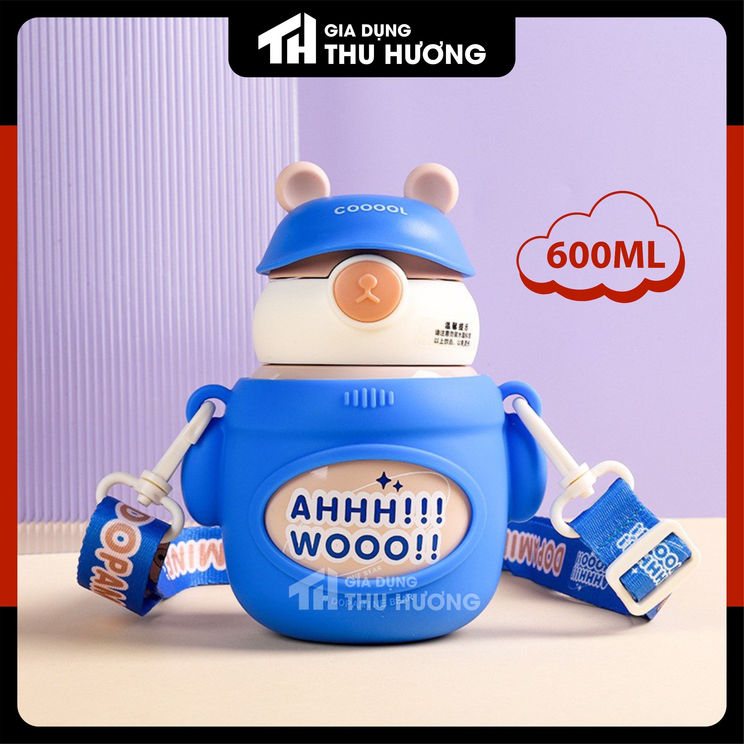 Bình giữ nhiệt Cute, Bình giữ nhiệt siêu nhân, chibi, thỏ, gấu dễ thương inox 316, có ống hút, có dây đeo