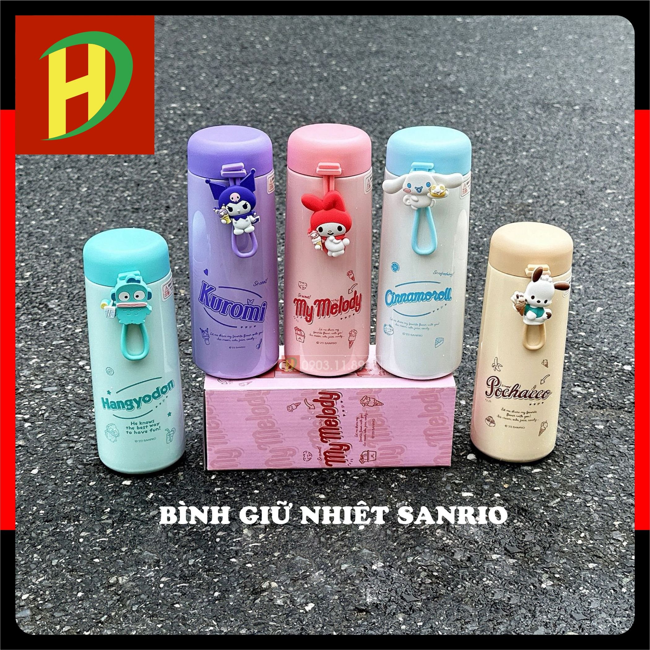 Bình giữ nhiệt Kuromi, Hangyodon, My Melody, Pochacco, Cinnamoroll inox 304, dung tích 350ml