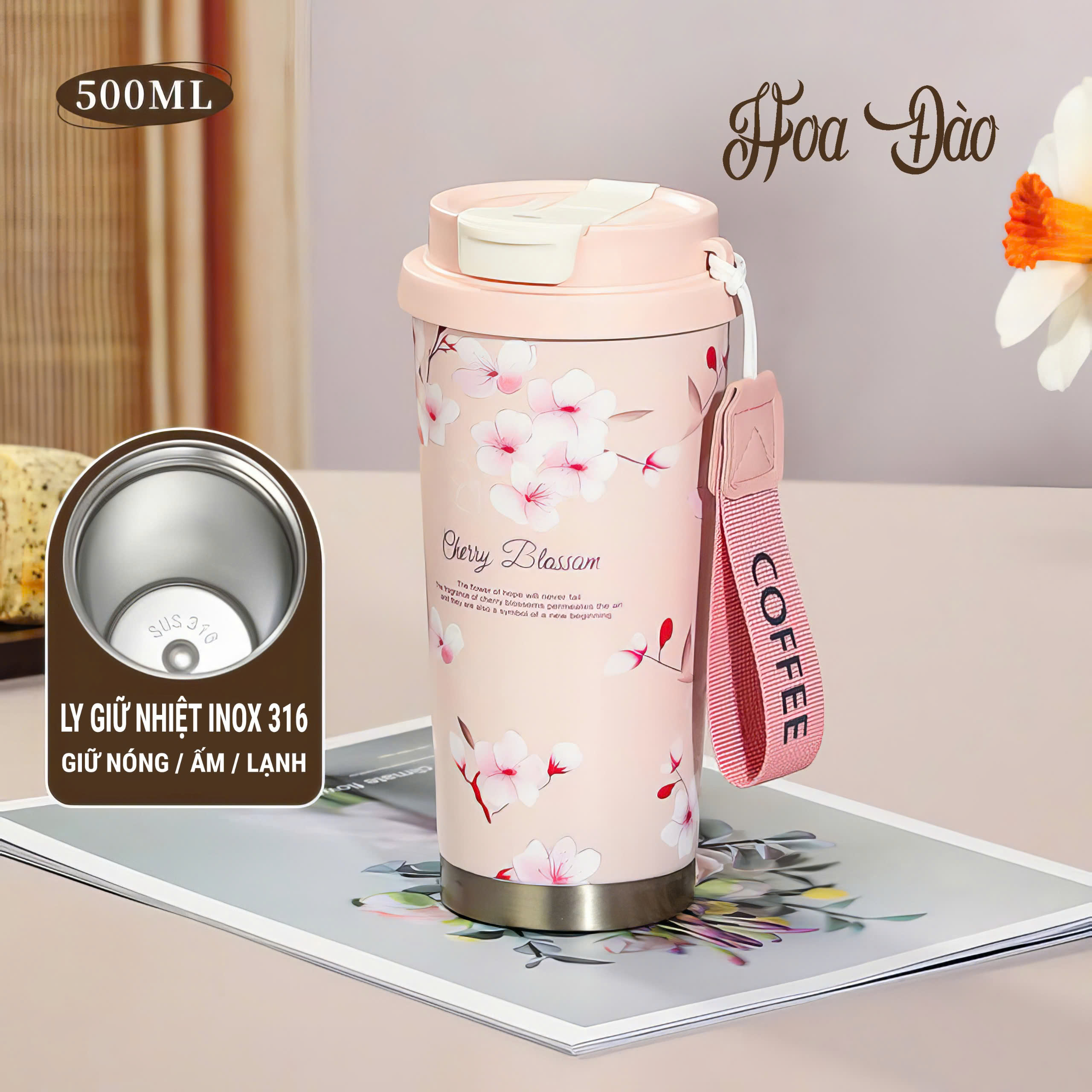 Ly giữ nhiệt inox 316 - Dung tích 500ml họa tiết sang trọng AG508