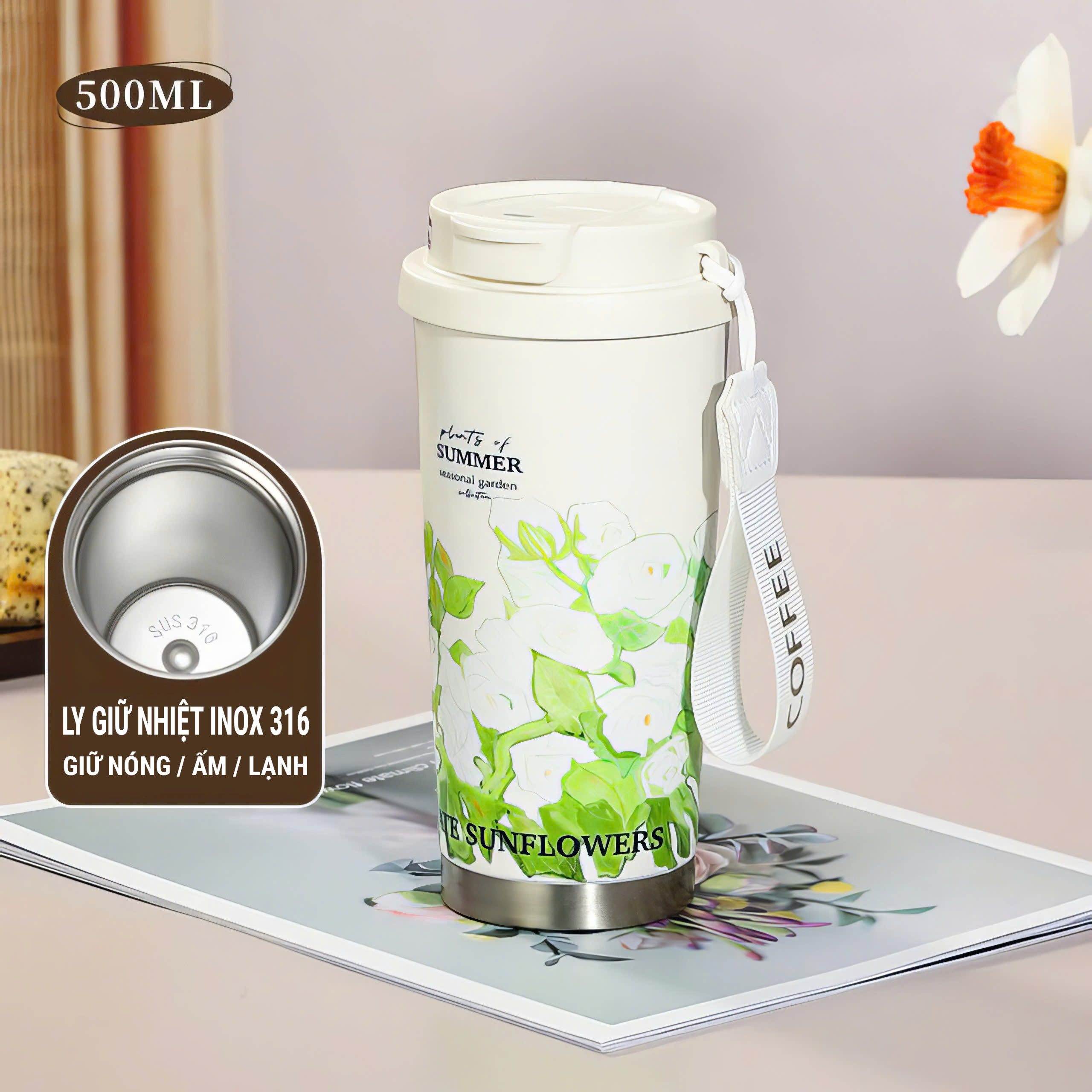 Ly giữ nhiệt inox 316 - Dung tích 500ml họa tiết sang trọng AG508