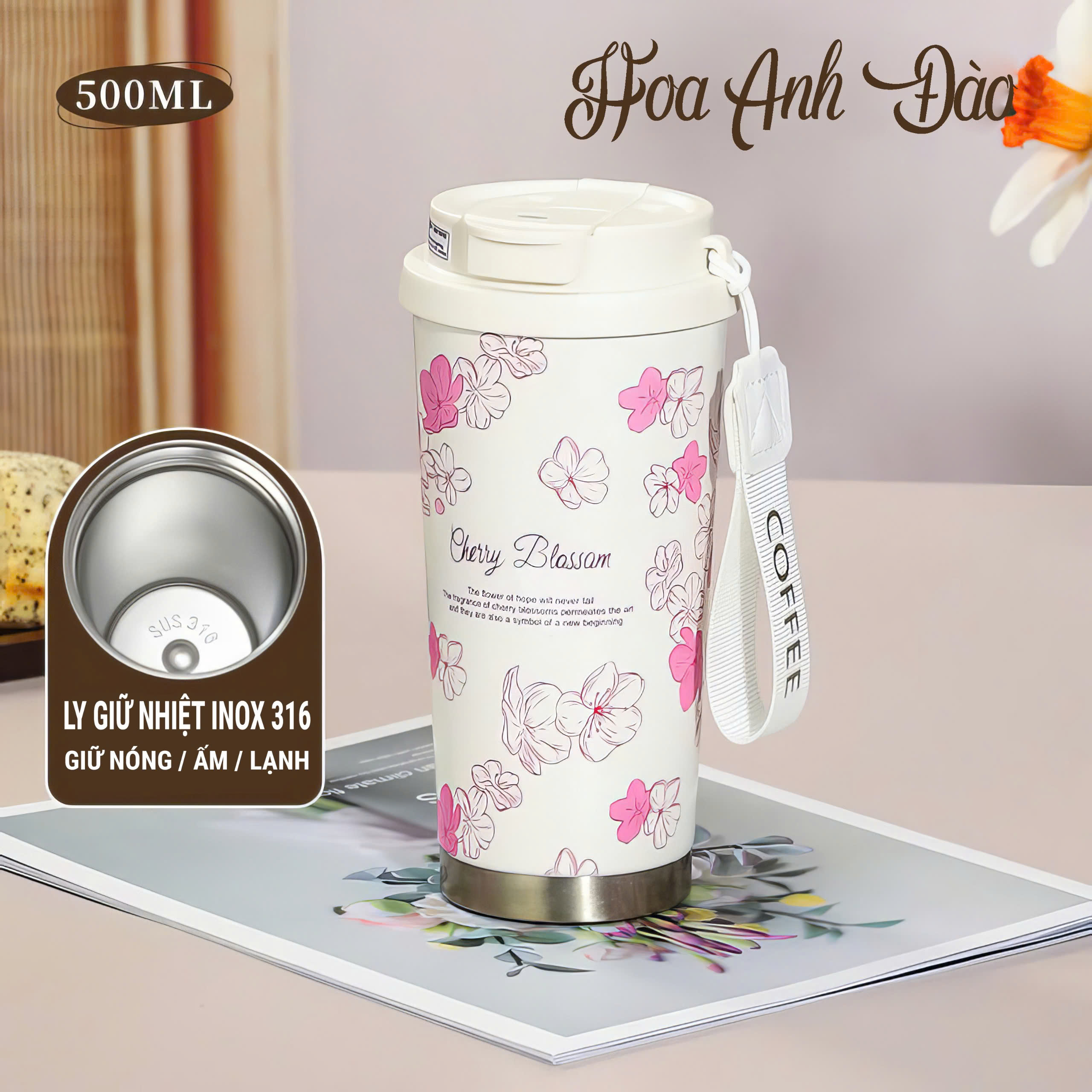 Ly giữ nhiệt inox 316 - Dung tích 500ml họa tiết sang trọng AG508